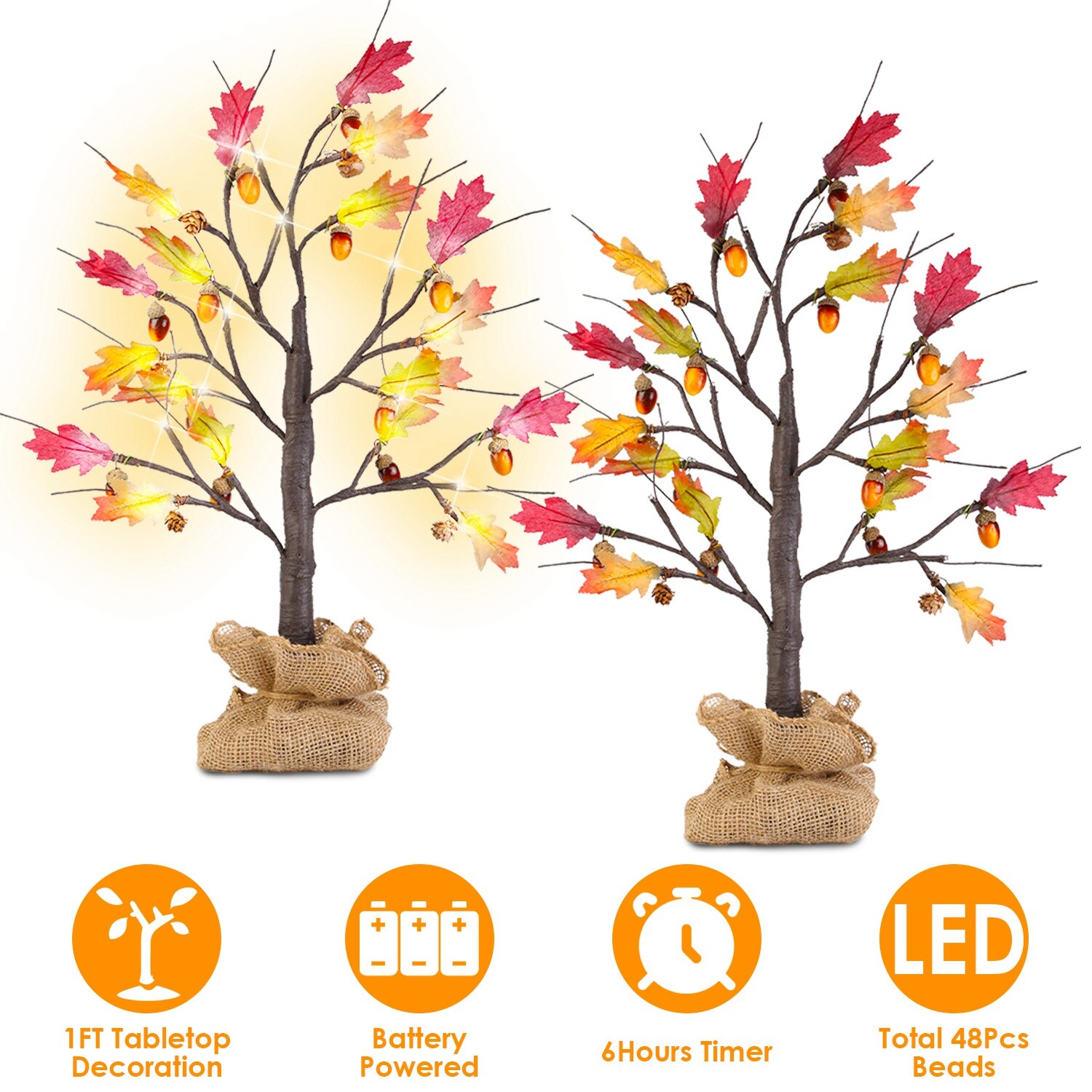 2PACK 24″ Artificial 24 LED Lighted Maple Tree Fall Decorations Timer Function
