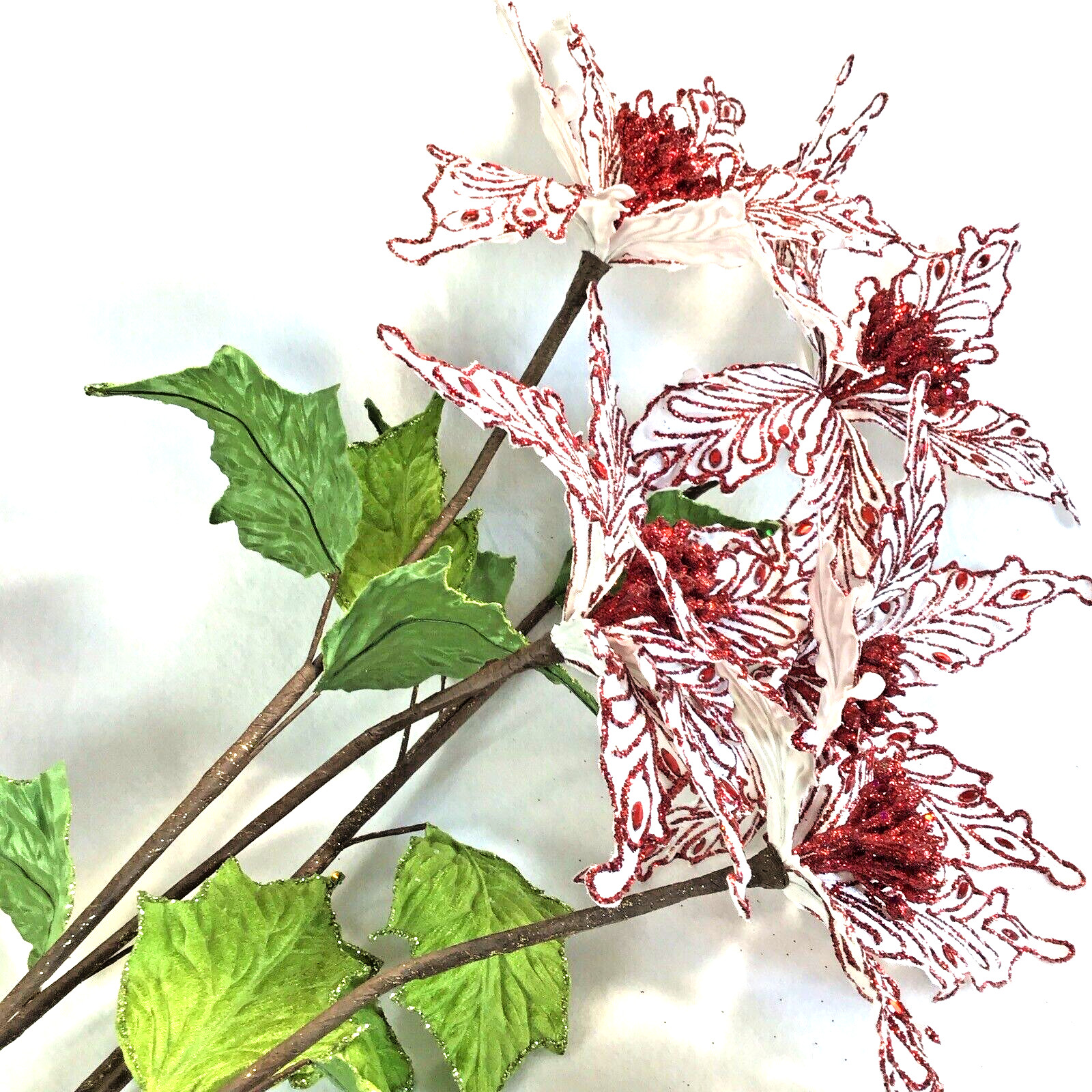 Set of 5 Sparkling Red Rhinestone and Glitter Artificial Poinsettia Floral Stems