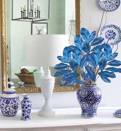 31″ Royal Blue Glitter Magnolia Leaves Stems Picks and Sprays, Artificial Gli…