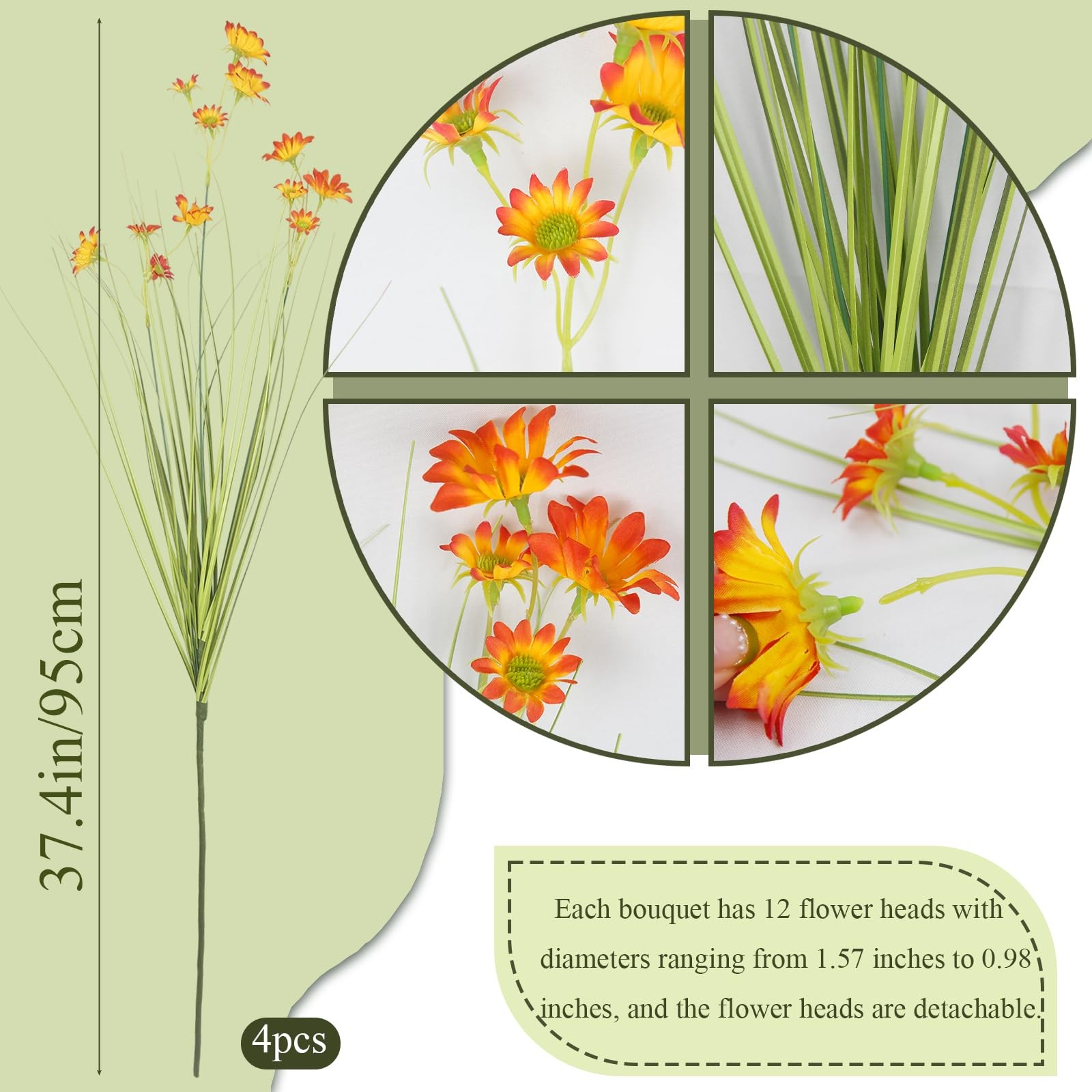 4 Pcs Artificial Plants Onion Grass Outdoor 37″ Fake Tall Grass with Daisy Wi…