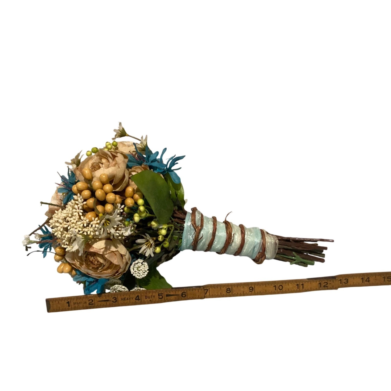 Bridal Flower Bouquet Beige & Blue Blossoms Berry Accents Wedding Or Home Decor