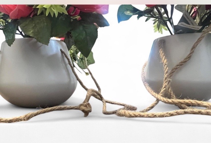Set of 2 Artificial Rose Floral Arrangements Pink in Pots w/ Rope Cords hanging