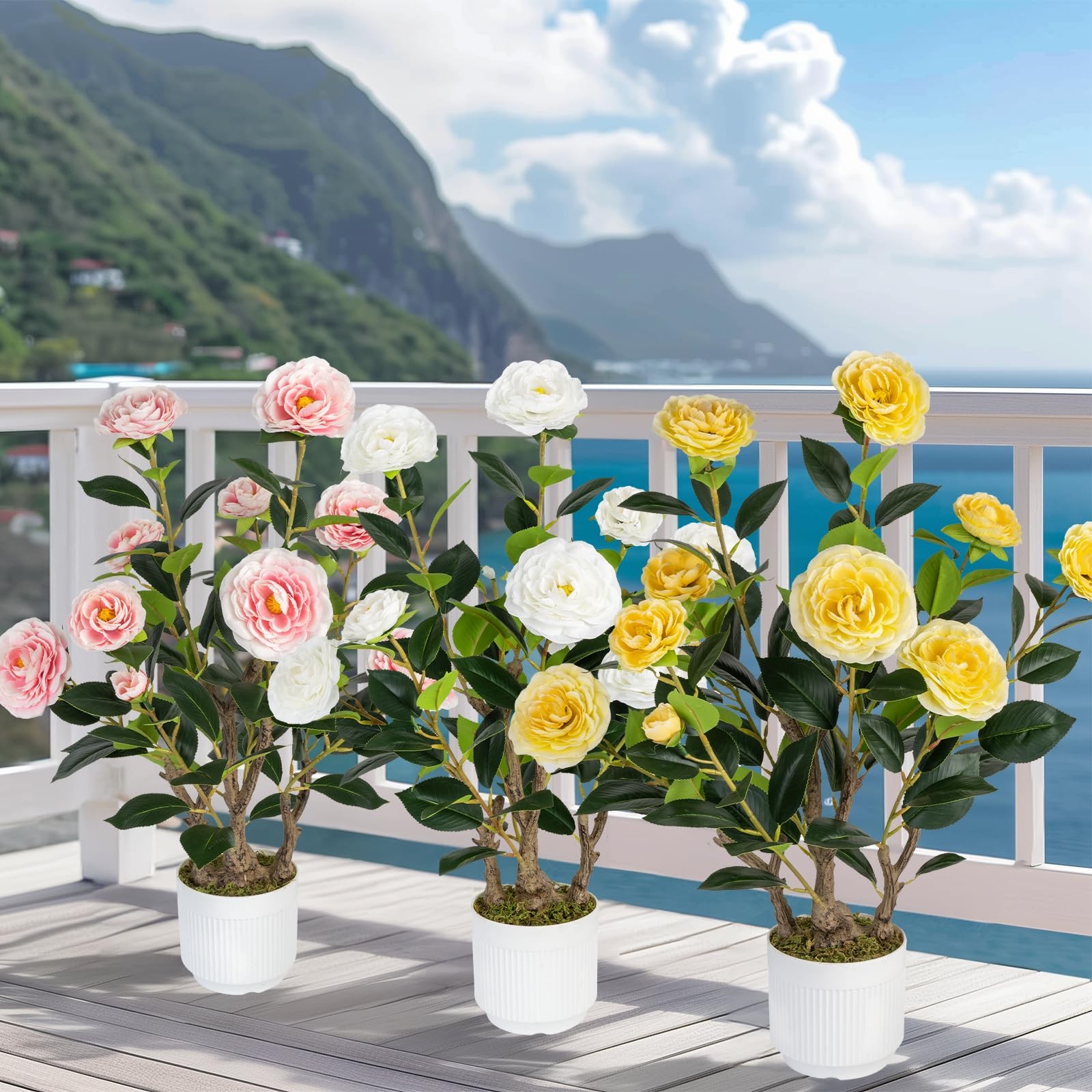Best 2 Pack Artificial Camellia Tree with White Pot, 24″ Faux Potted Plants for