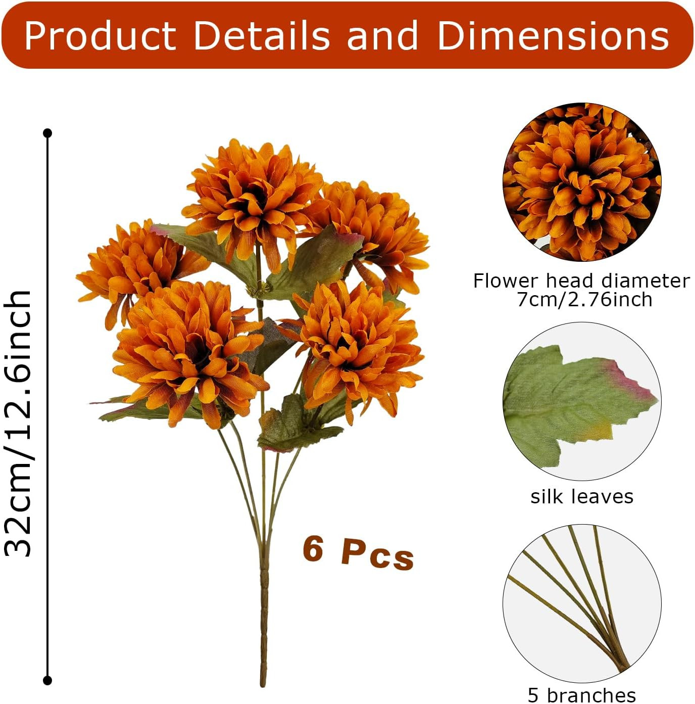 Artificial Fall Flowers Fake Mums for Outdoor, 6 Pack 30 Heads Artificial Chrysa
