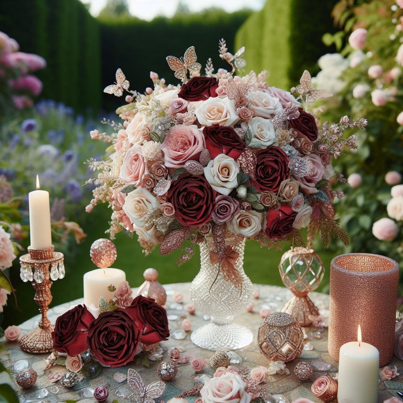 Fake Roses,16PCS Burgundy Flowers Artificial Silk Roses with Stems for Weddin…