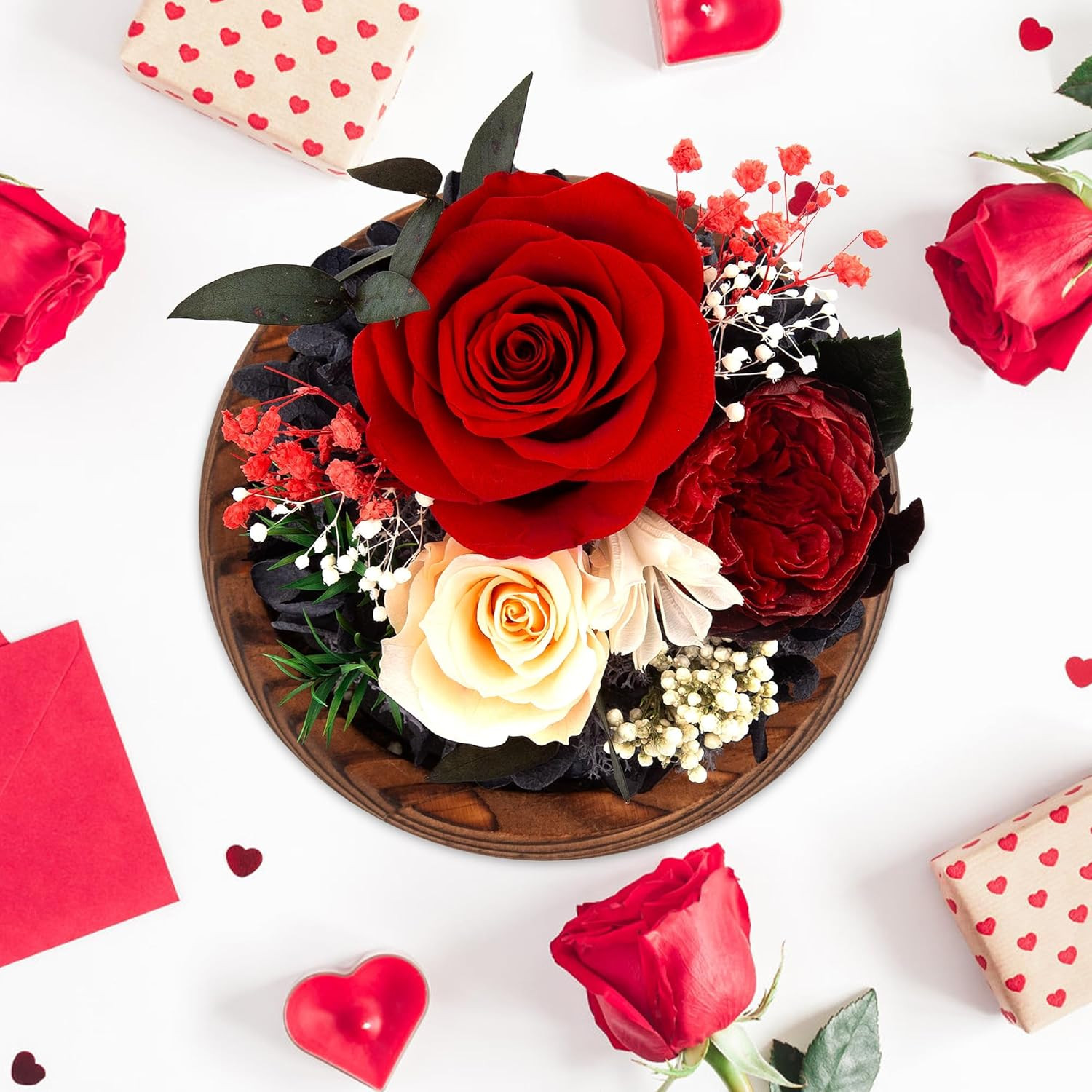 Birthday Gifts for Women Preserved Red Real Rose Flowers in Glass Dome, Forever