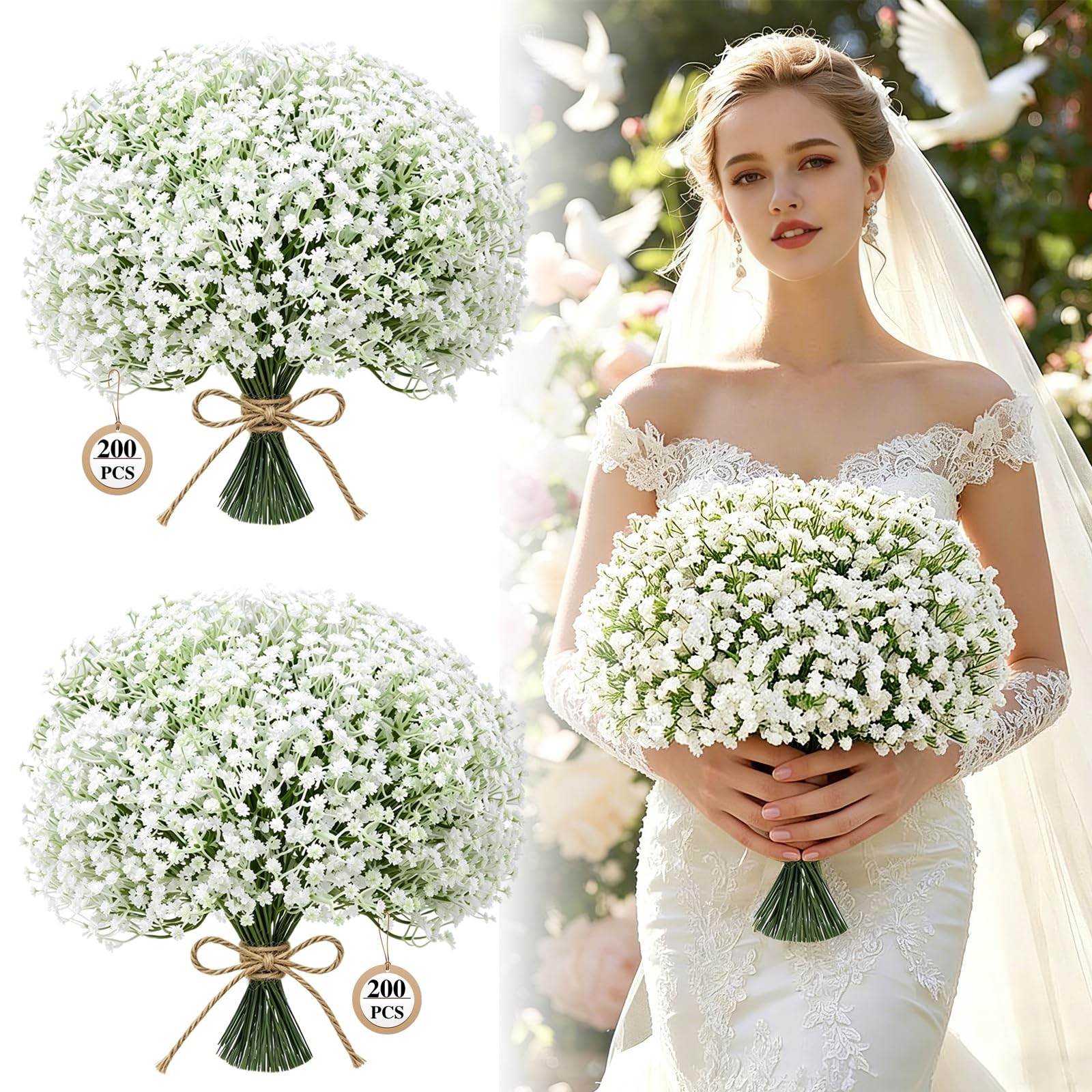 QUTCIIV Artificial Baby’s Breath Flowers 200 Pcs White