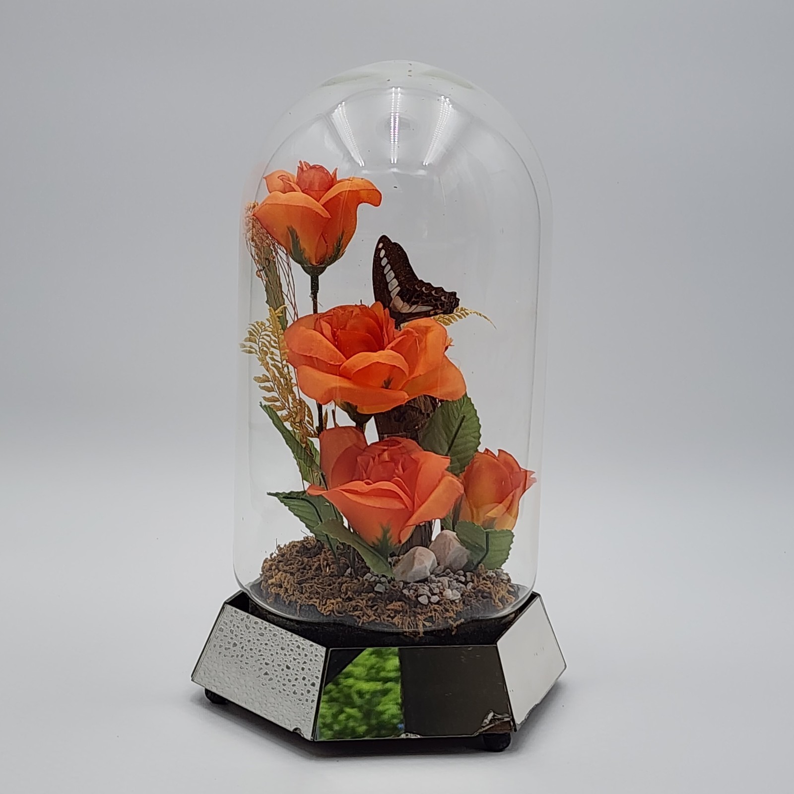 Vintage Glass Dome Floral Cloche with Butterfly Dried & Orange Faux Flowers