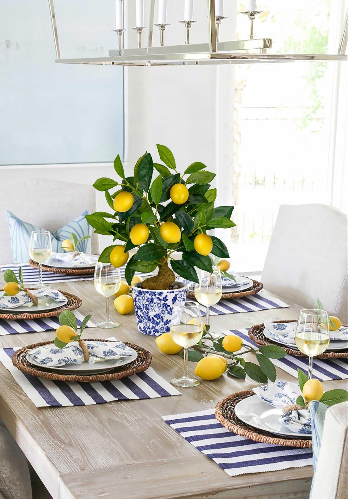 15.7 Inch Small Artificial Lemon Tree Faux Potted Plant Blue White Pot Decor