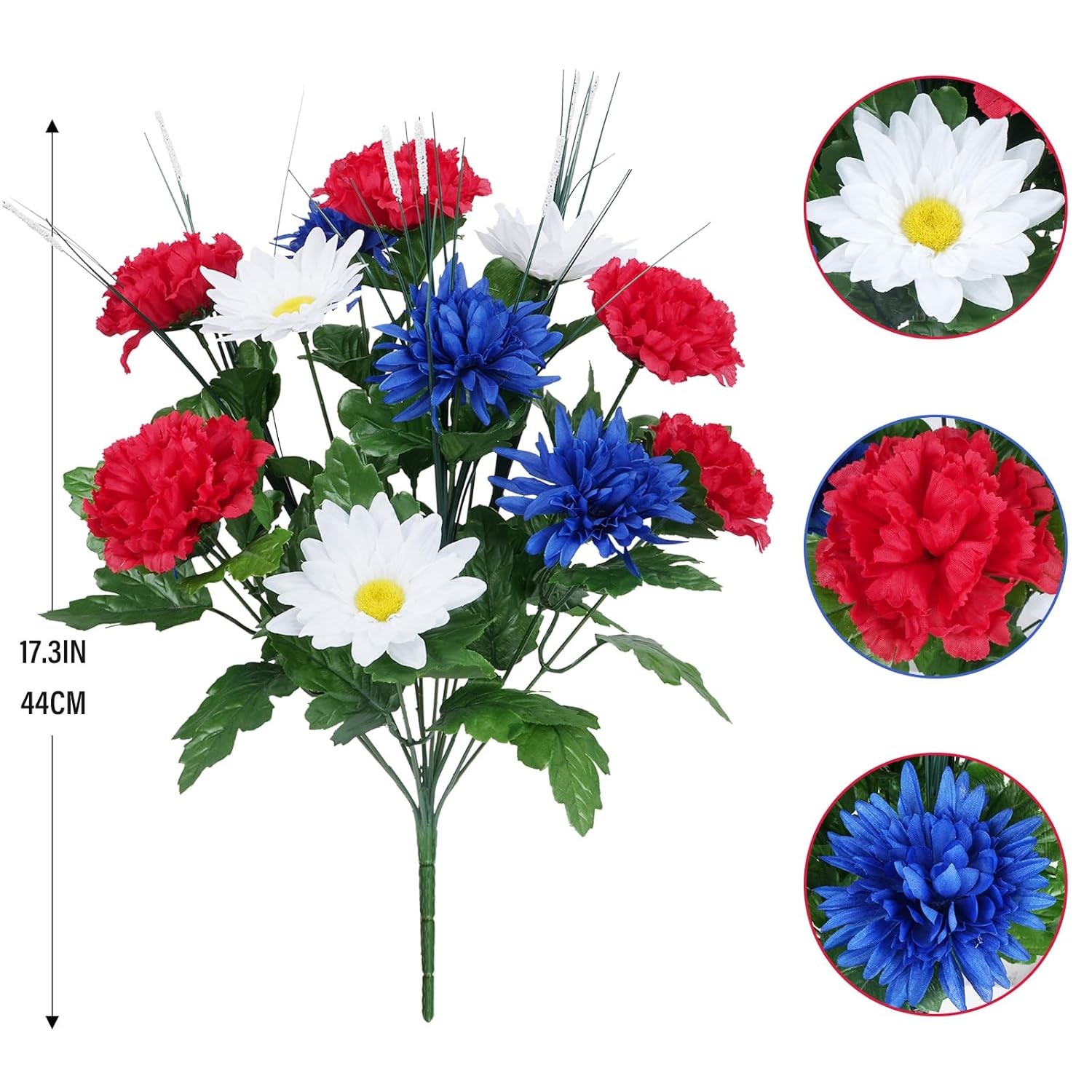 Artificial Flower Patriotic Memorial Bouquet Red White and Blue 17.3″ 13 Heads
