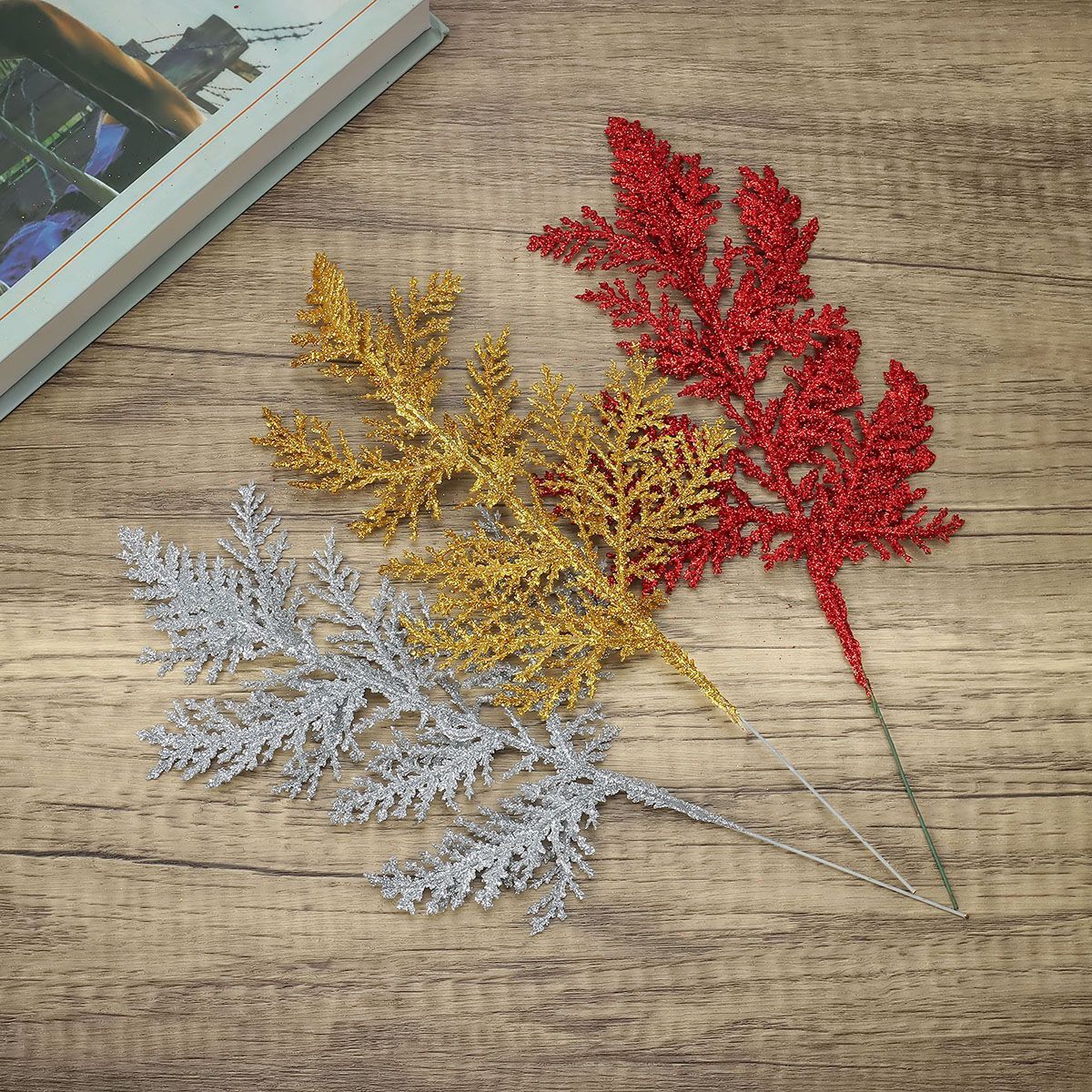 10 PCS Floral Picks Glitter Artificial Pine Needles Floral Twig Picks Xmas Decor
