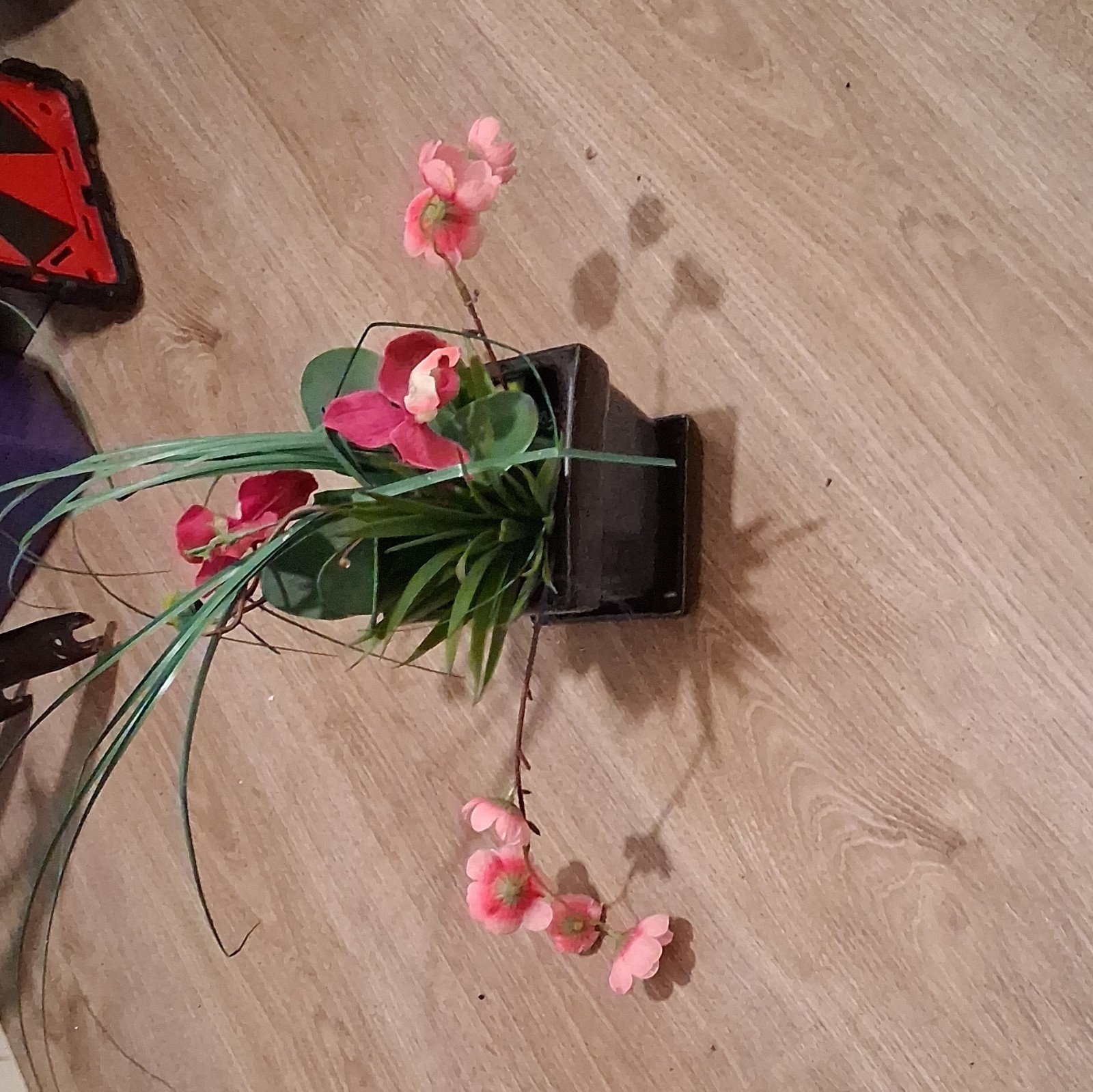 Artificial Pink Orchid Arrangement w/ Greenery Black Square Planter