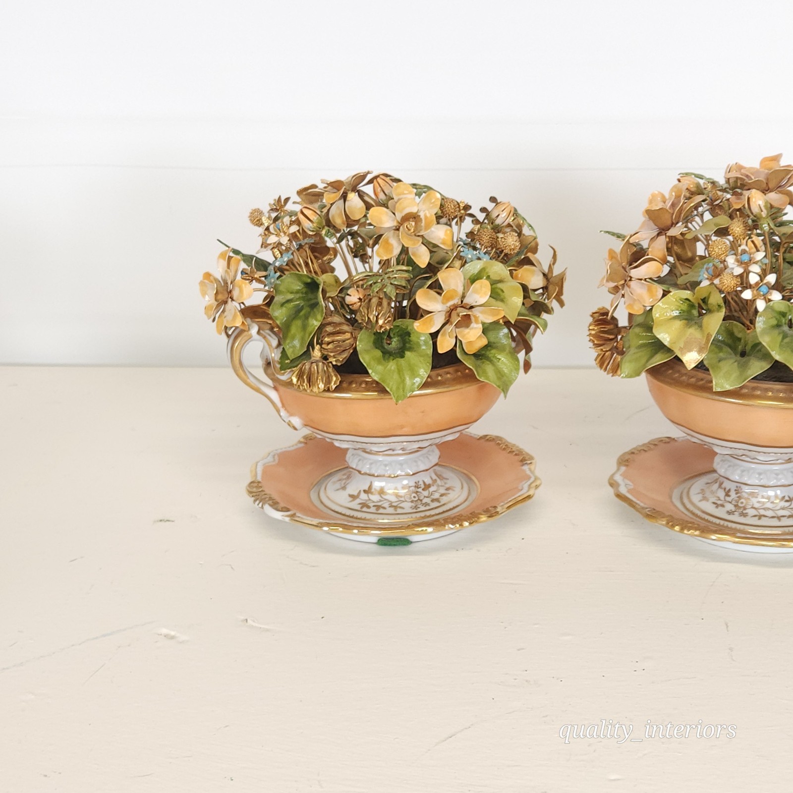 Pair Jane Hutcheson for Gorham Apricot Teacup & Saucer Floral Arrangement