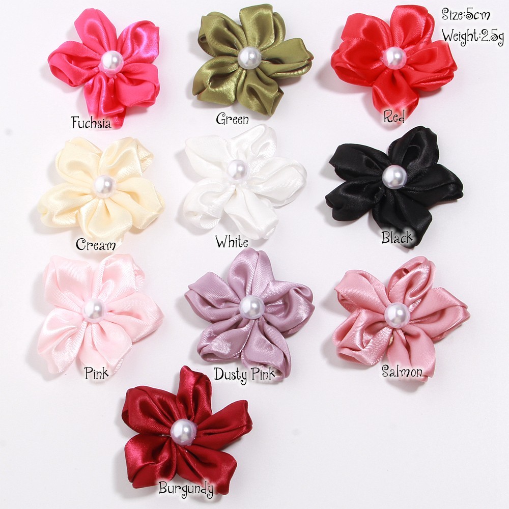 5cm Sweet Rosette Satin Ribbon Flowers With Pearl Used for Diy Headband