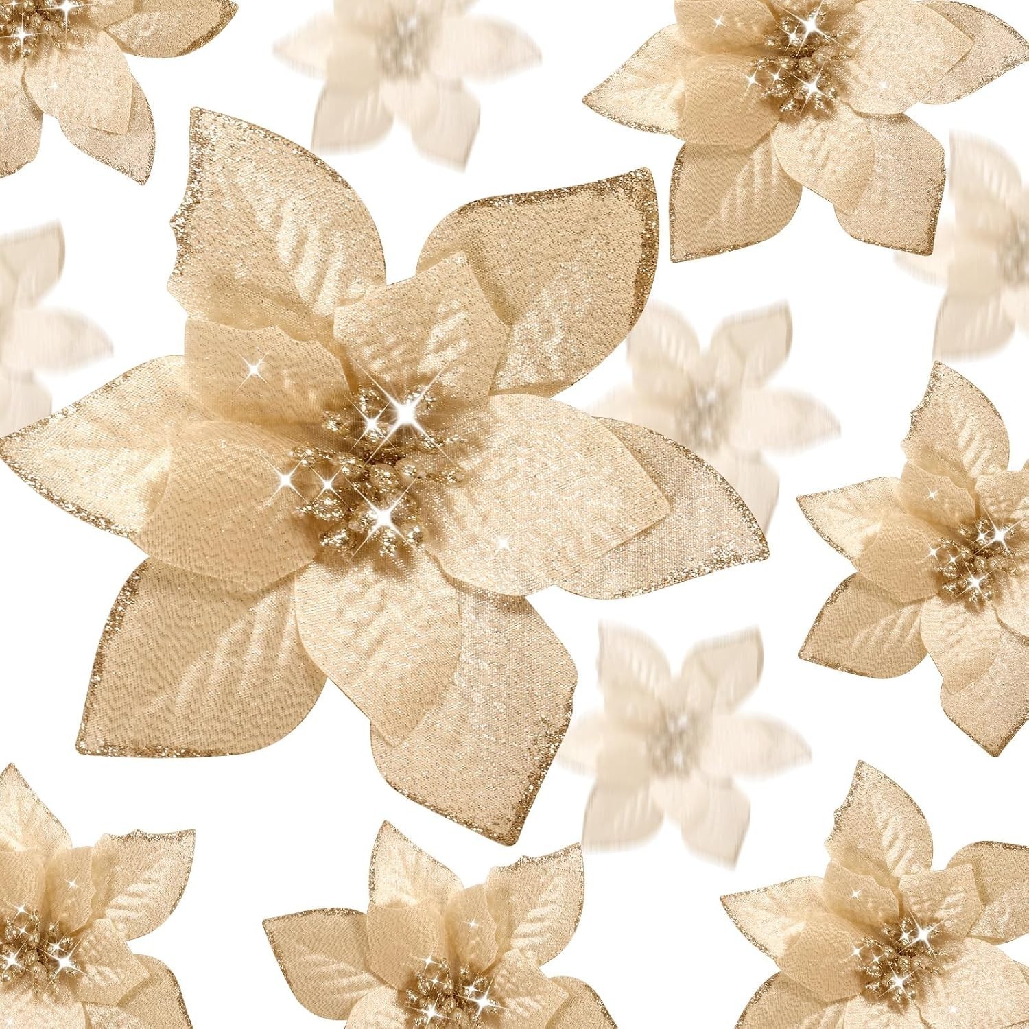 36 Pcs 3 Size Christmas Poinsettia Christmas Tree Flowers Glitter Faux Flower…