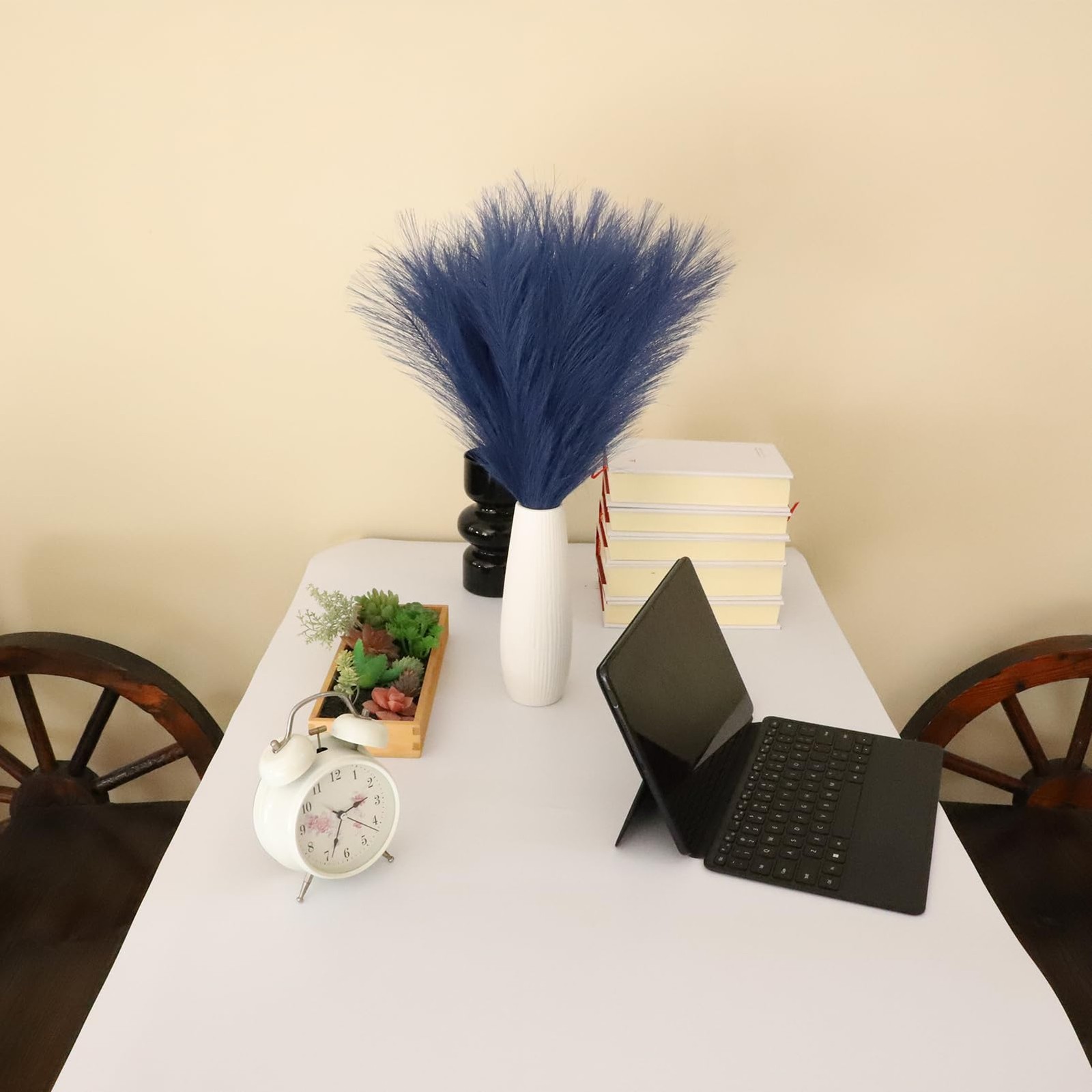 Navy Blue Faux Pampas Grass Decor 18-Inch Short 6 Stems Dried Flowers for Sma…