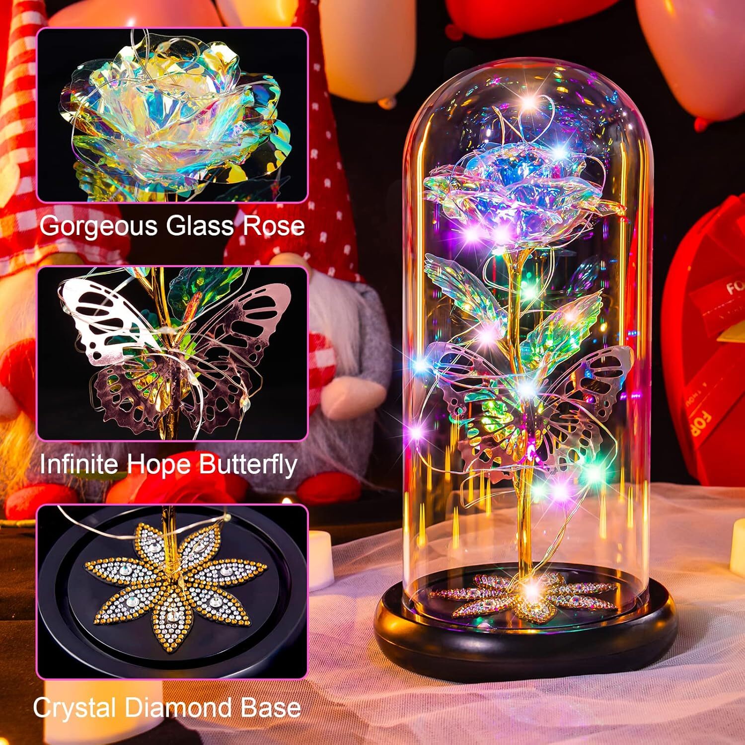 Galaxy Glass Rose in Light-Up Dome, Gifts for Women – Birthday, Mom, Friends