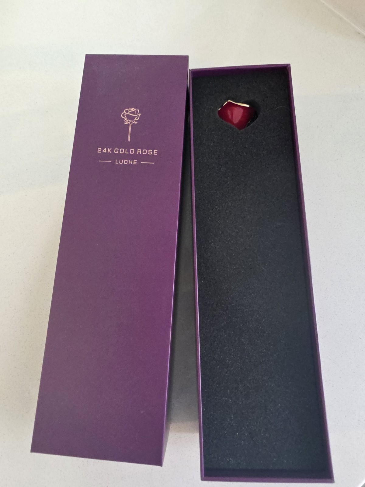 RED ROSE – Luohe, Real Preserved, Dipped in Gold, Long Stem, New In Open Box