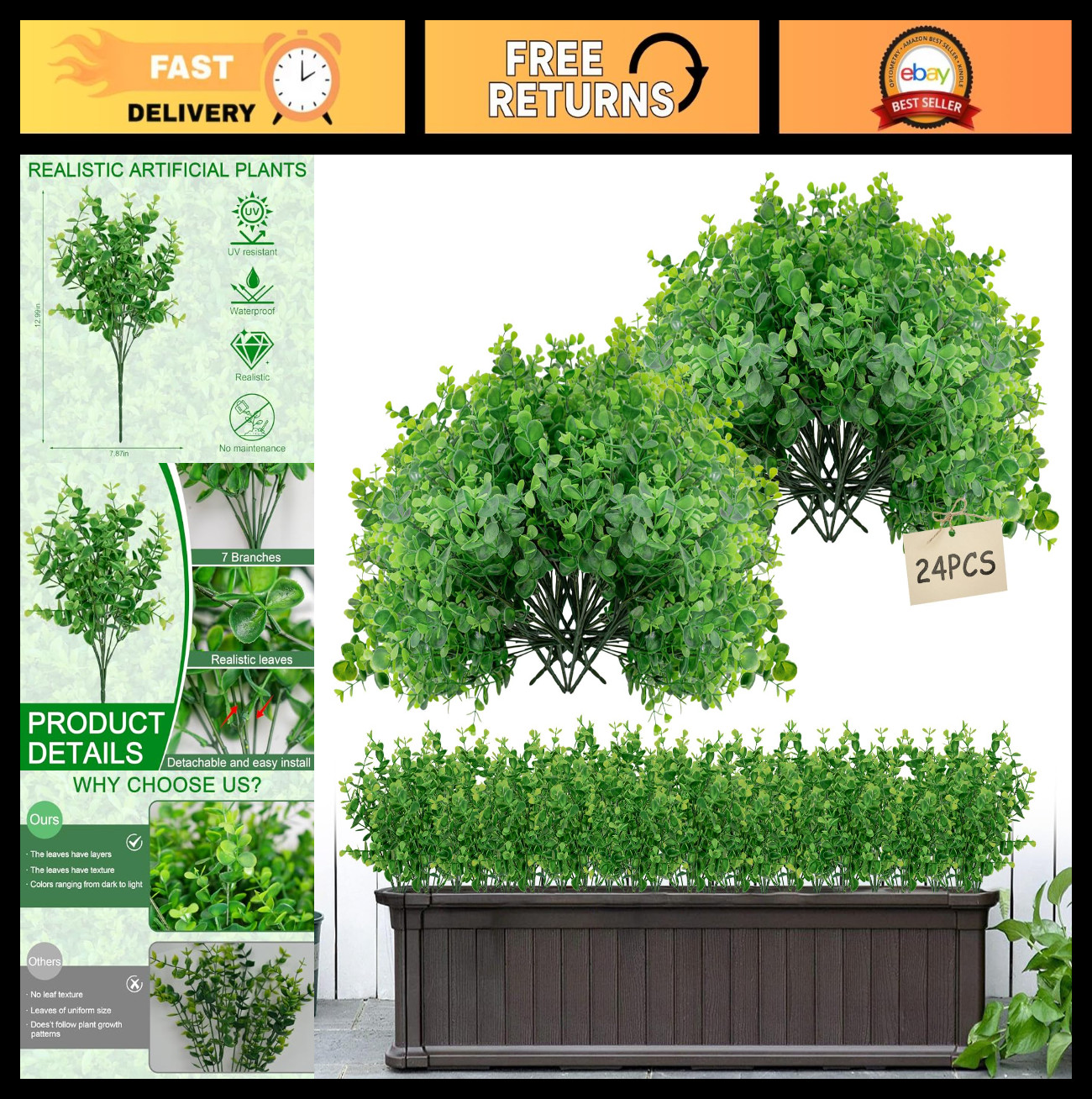 24 Bundles Faux Eucalyptus & Boxwood Plants – Artificial Greenery for Outdoor De