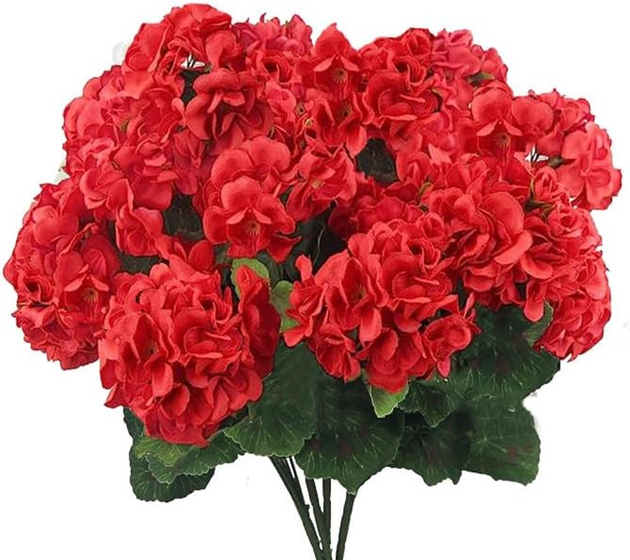 4PCS Artificial Red Geranium Silk Flowers Outdoor Plant Bush Faux Flowers