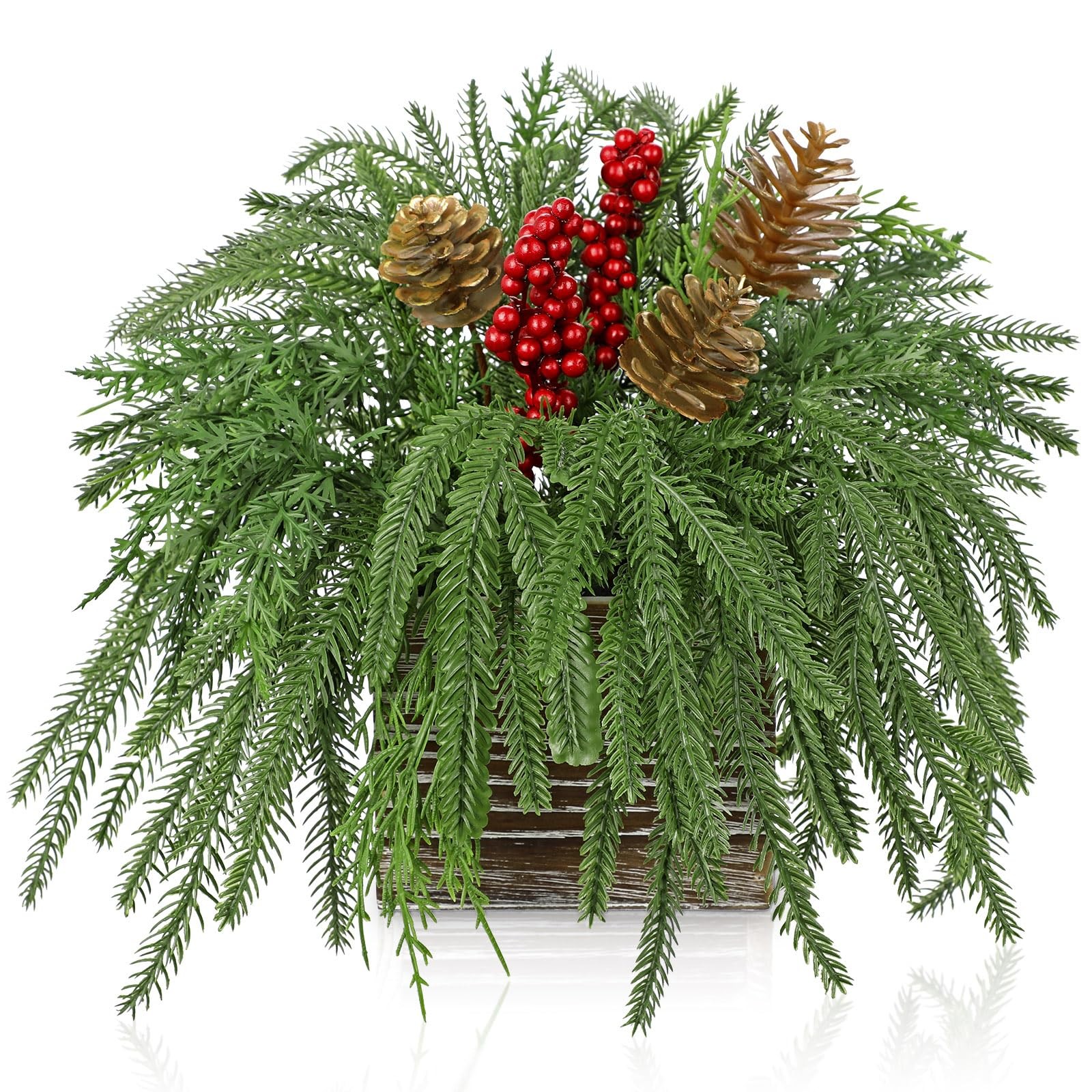 10 Inch Artificial Christmas Norfolk Pine Red Berries Pinecones Wooden Box Faux