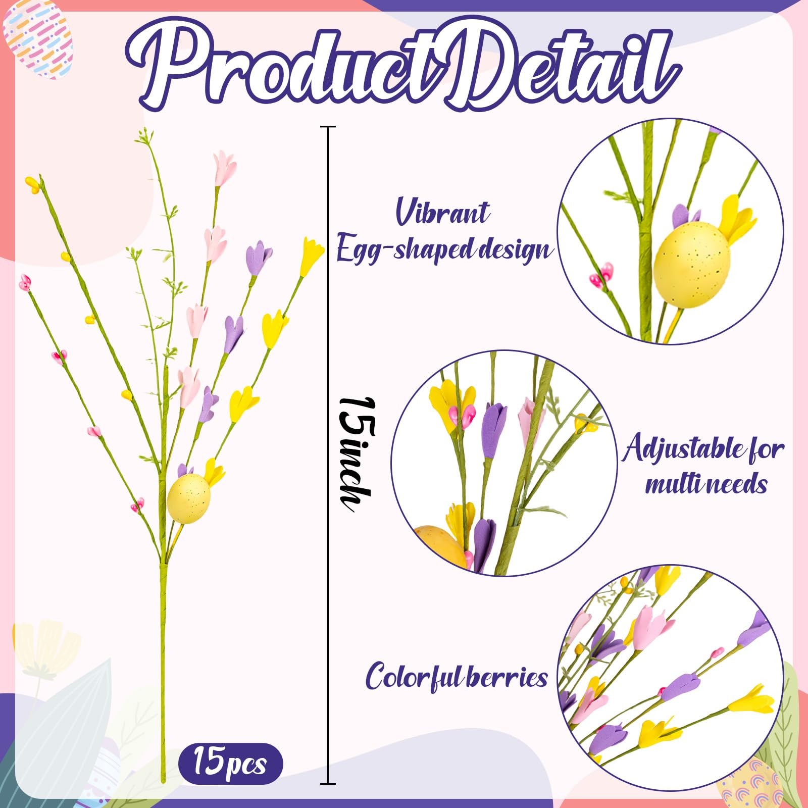 15PCS Easter Decorations Egg Picks – Spring Artificial Floral Stems Decor Flo…