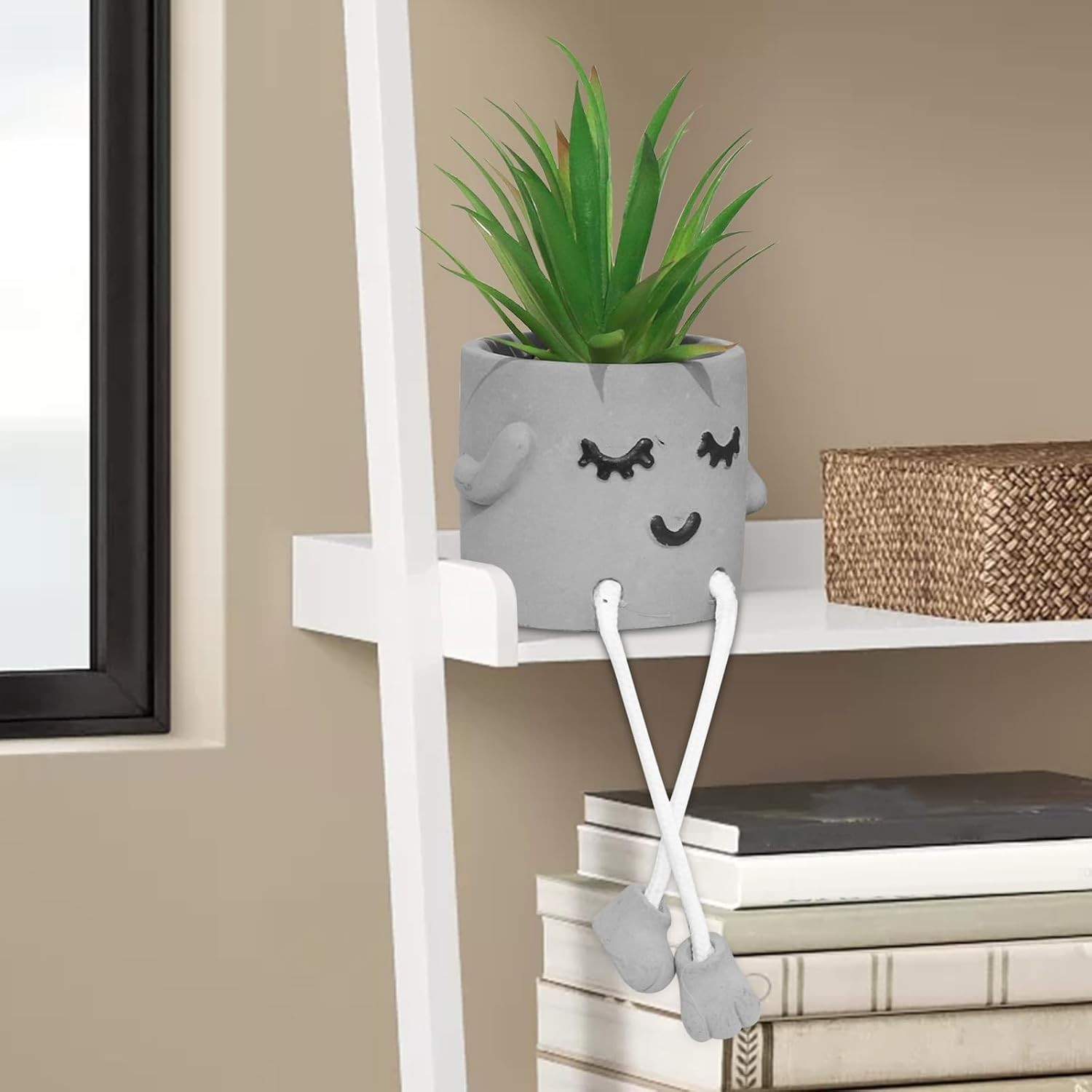 Small Decorative Fake Succulent Plant in Cement Pot – Ideal for Shelf Accent