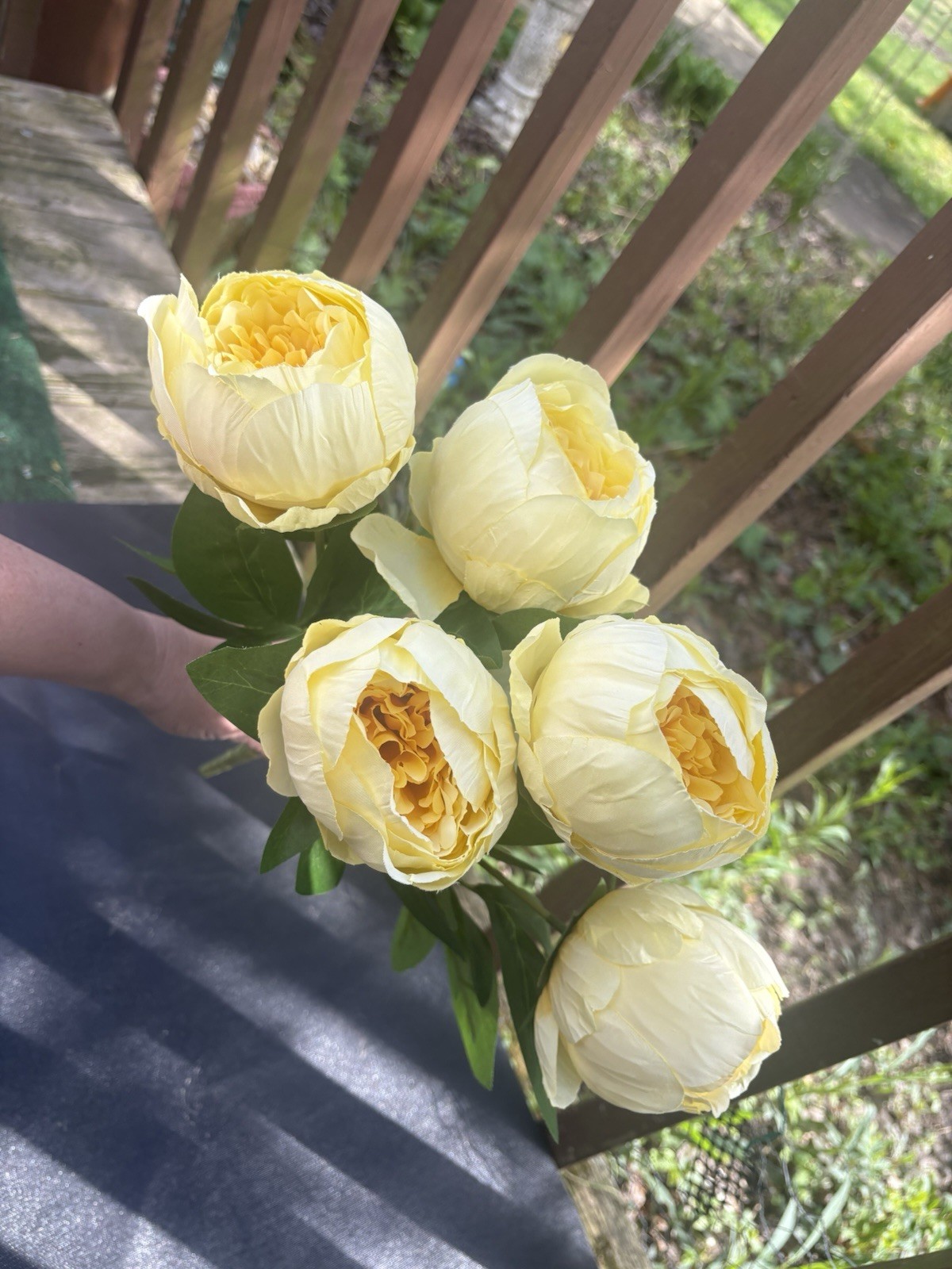 Artificial Yellow Peony Flowers Bouquet Spun Heads 5pc Fake Flowers 17”