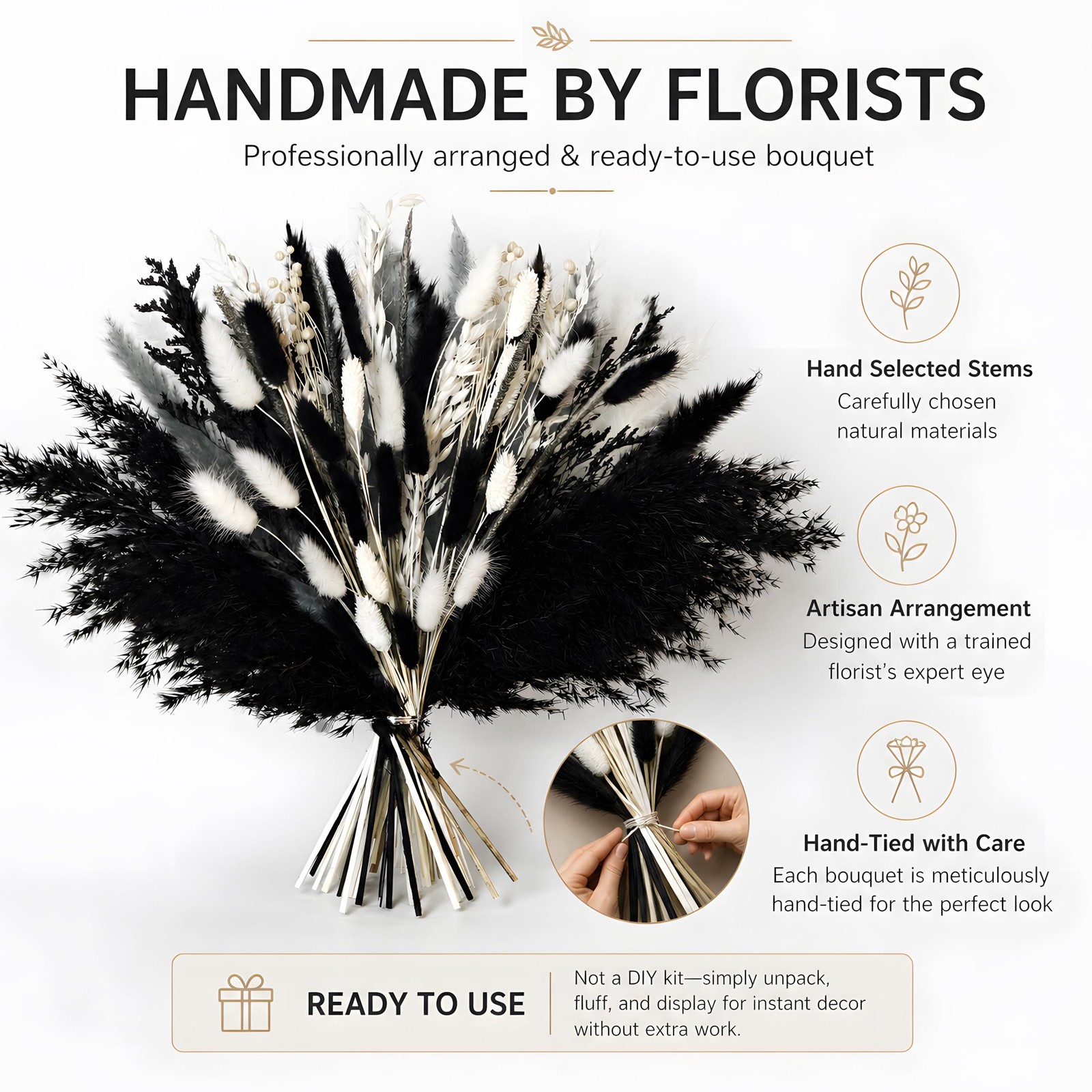 Black Pampas Grass Bouquet, Handmade Dried Flower Arrangement Decor