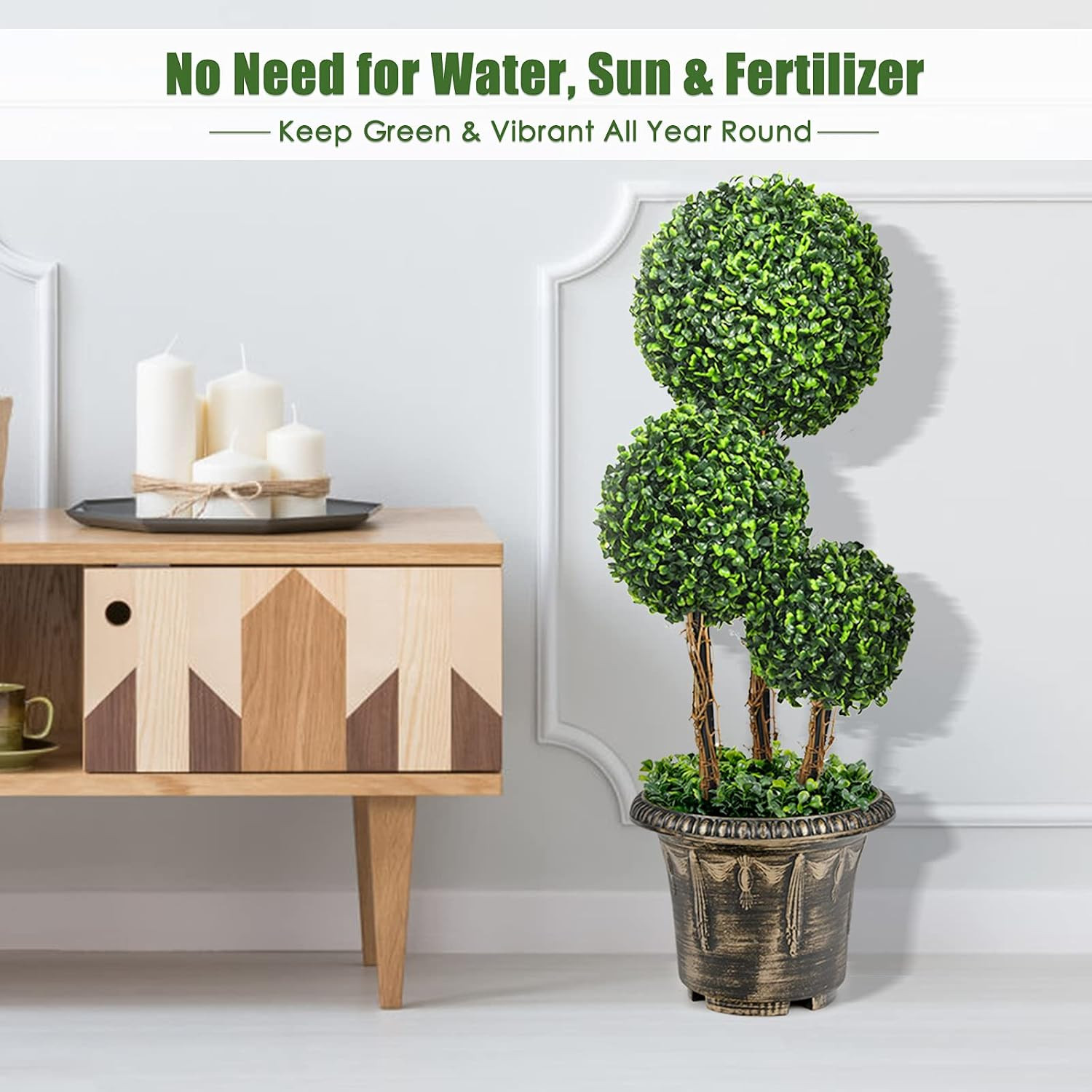 2.5 Ft Artificial Boxwood Topiary Tree, 2 Pack Fake Greenery Plants Triple Ball