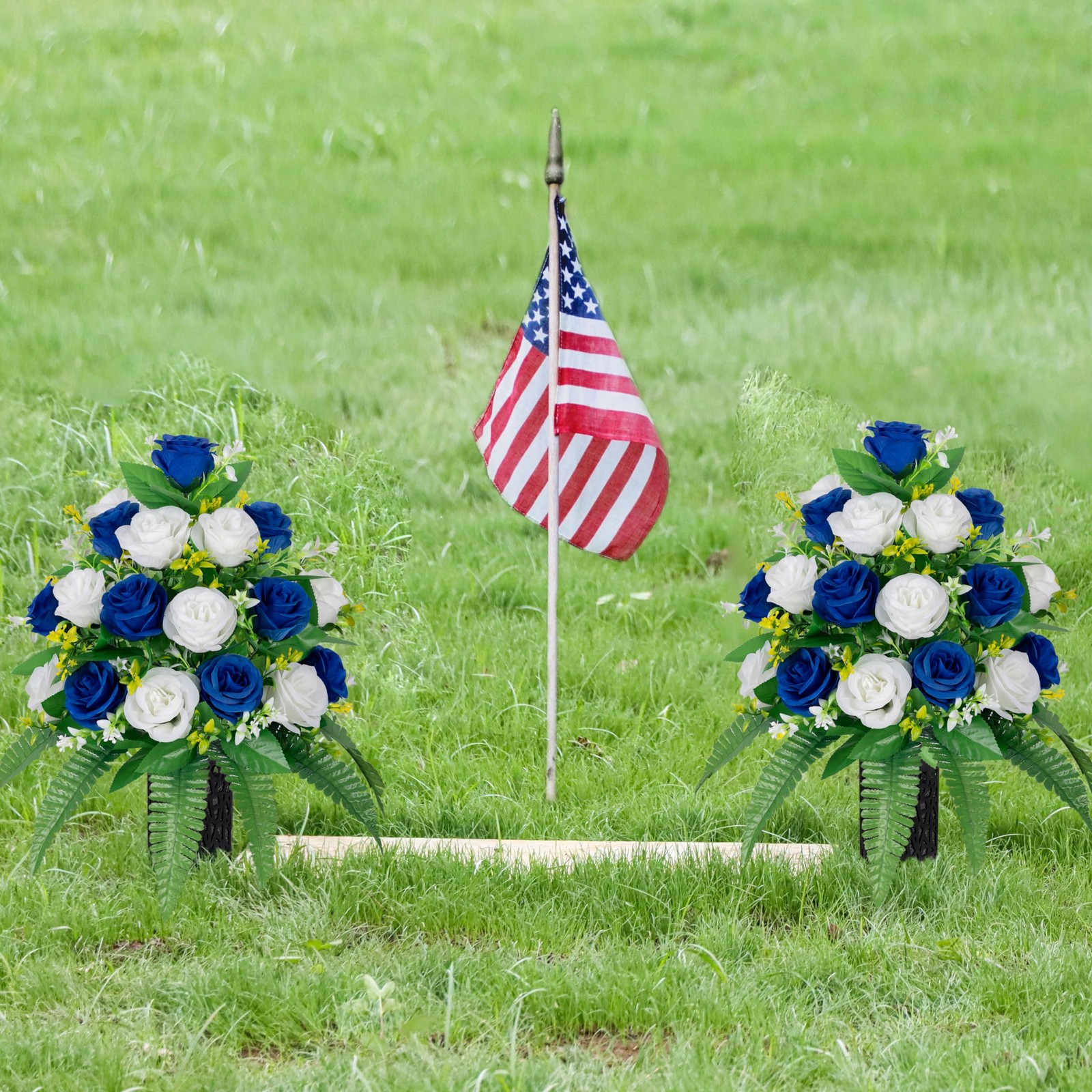 Dark Blue White Artificial Silk Rose Cemetery Grave Flowers 2 Bouquets