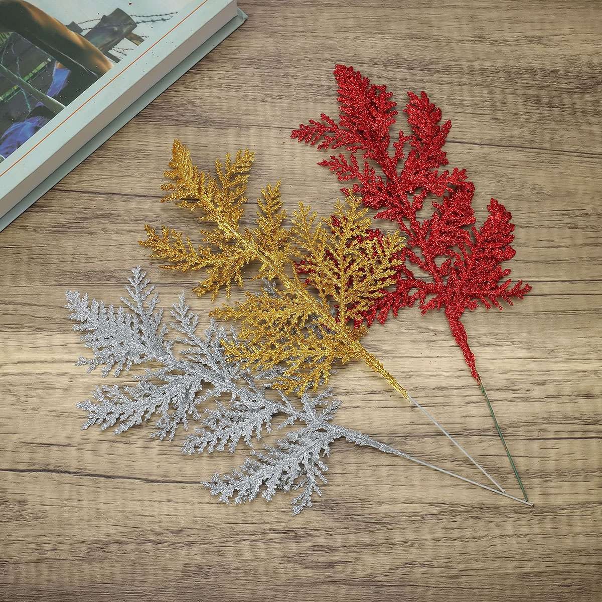 10pcs Artificial Pine Needles Fake Floral Christmas Glitter Flower Decor Set