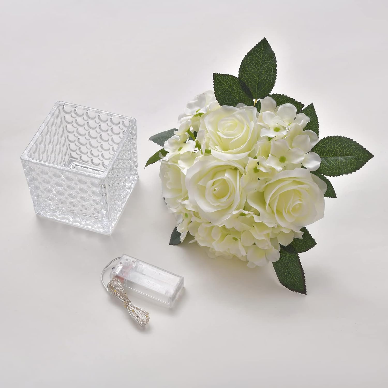 Artificial Silk Rose Flower Centerpiece Arrangement in Glass Vase with LED Light
