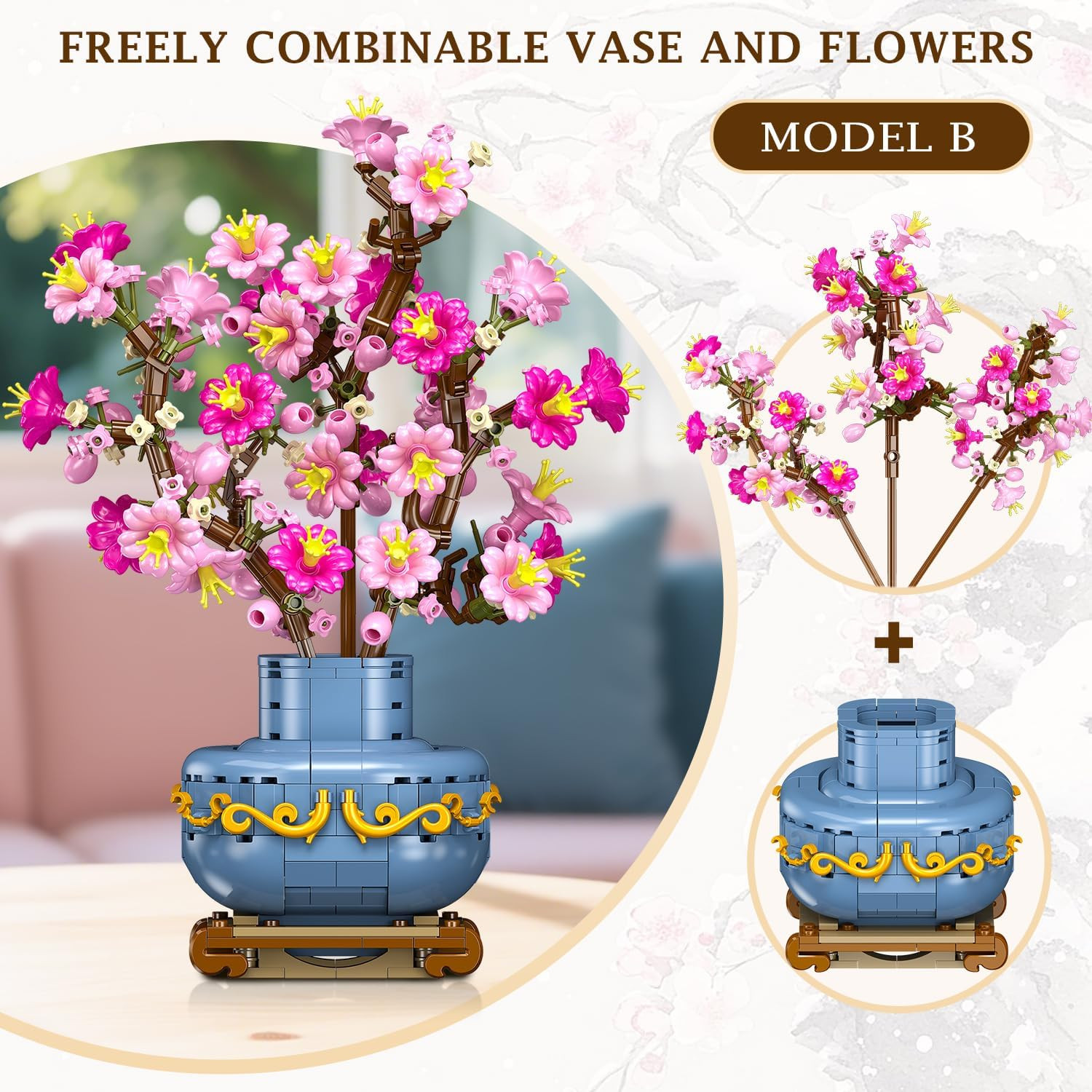 Flowers Cherry-Blossom Bonsai Building Set – 2 in 1 Artificial Bonsai Tree Plant