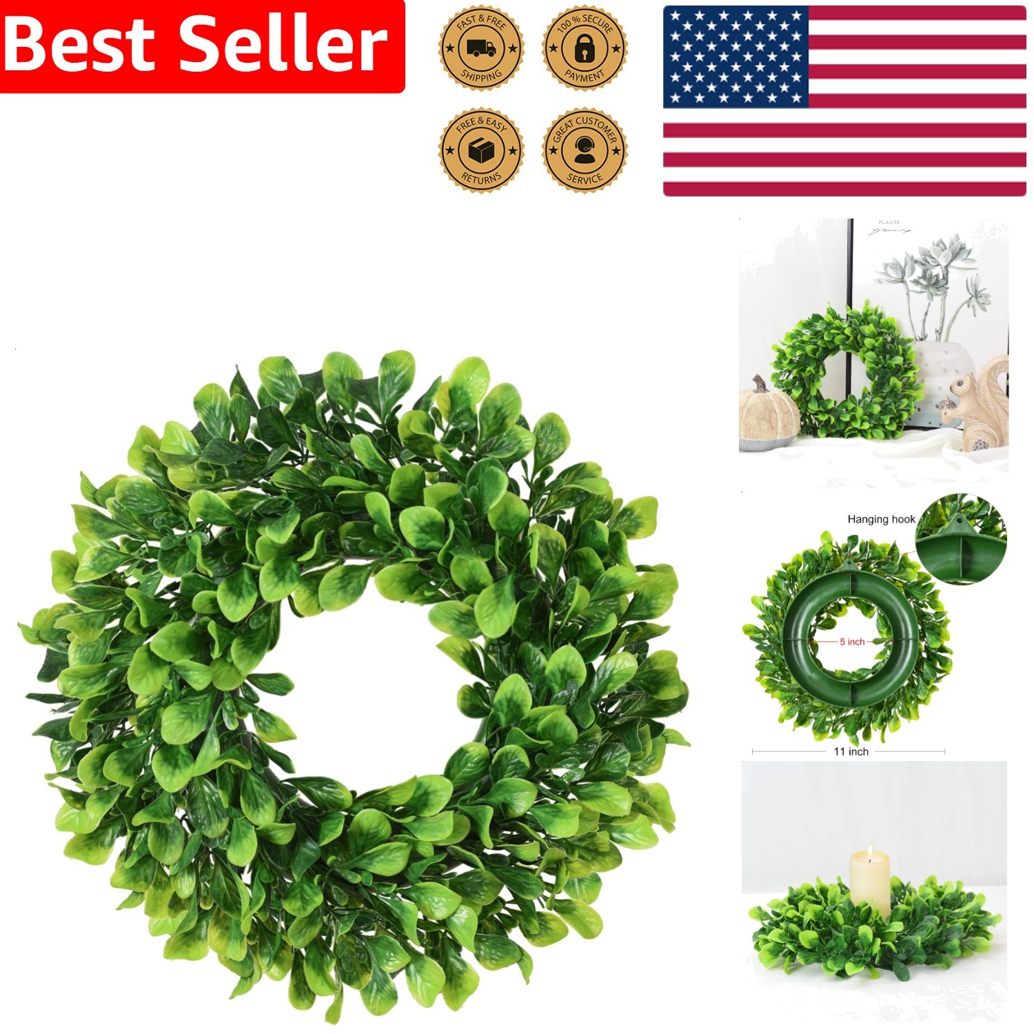 10 Inch Artificial Green Wreath – Plastic Boxwood Wall Decor