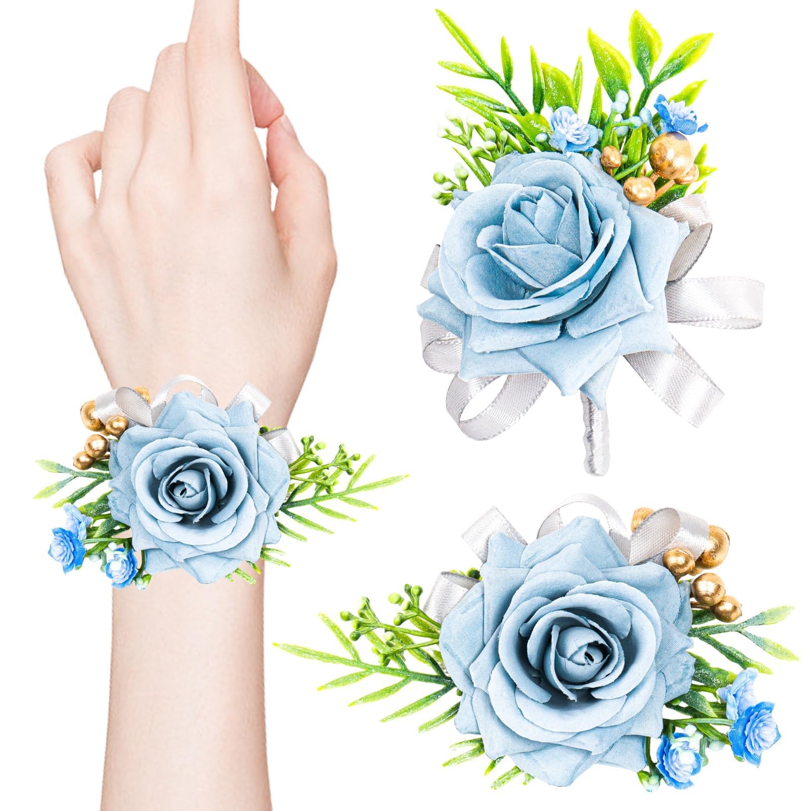 2 Pcs Blue Rose Wrist Corsage and Boutonniere Set, Rose Corsage Hand for Wome…