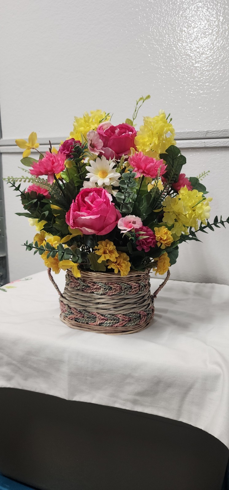 Artificial Rose Daisy Arrangement Pink Yellow White Wicker Basket Decor