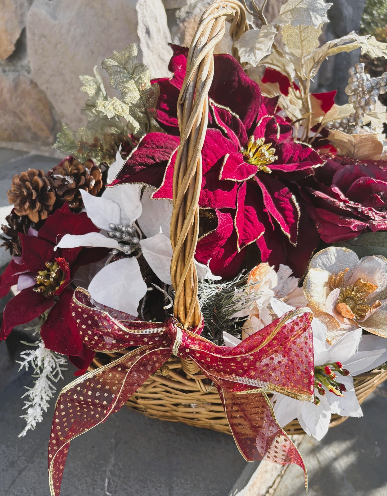 Burgundy and Gold Flower Christmas Basket