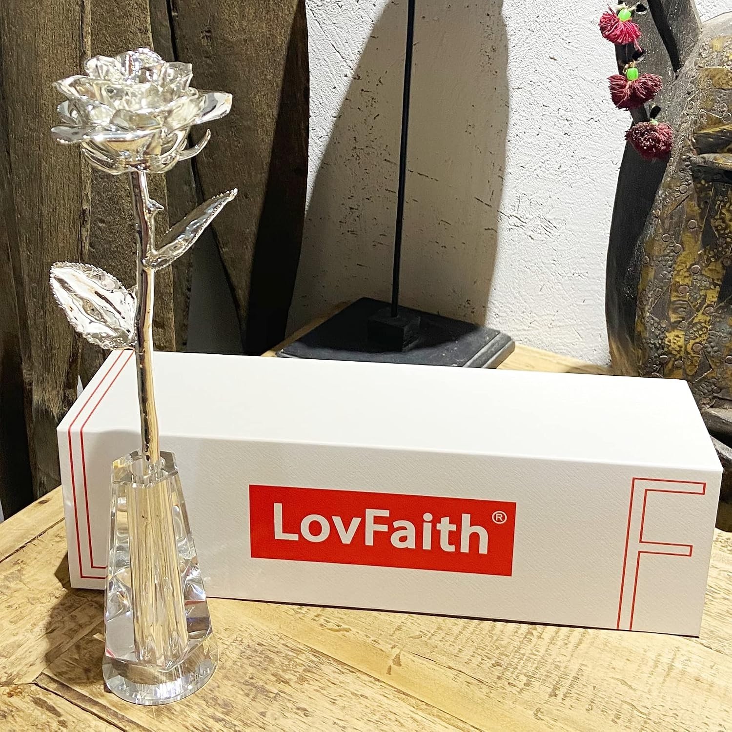 Real Rose Dipped Sterling Silver Crystal Stand
