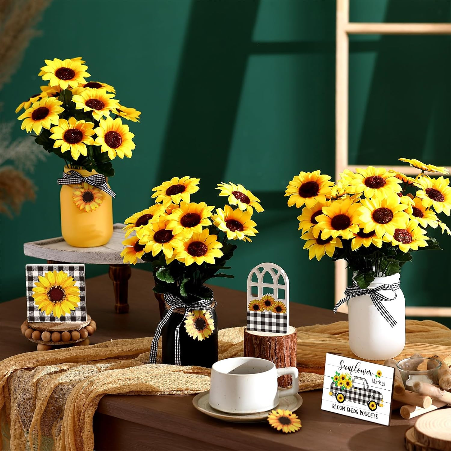 12 Sets Sunflower Mason Jar Centerpiece for Table Summer Sunflower Decor with Ar