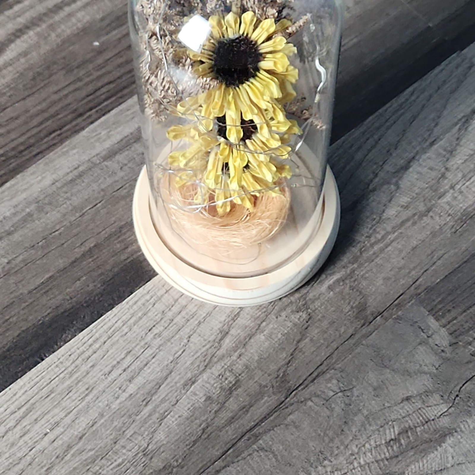 Preserved Sunflower in Glass Dome with LED Fairy Lights and Wooden Base