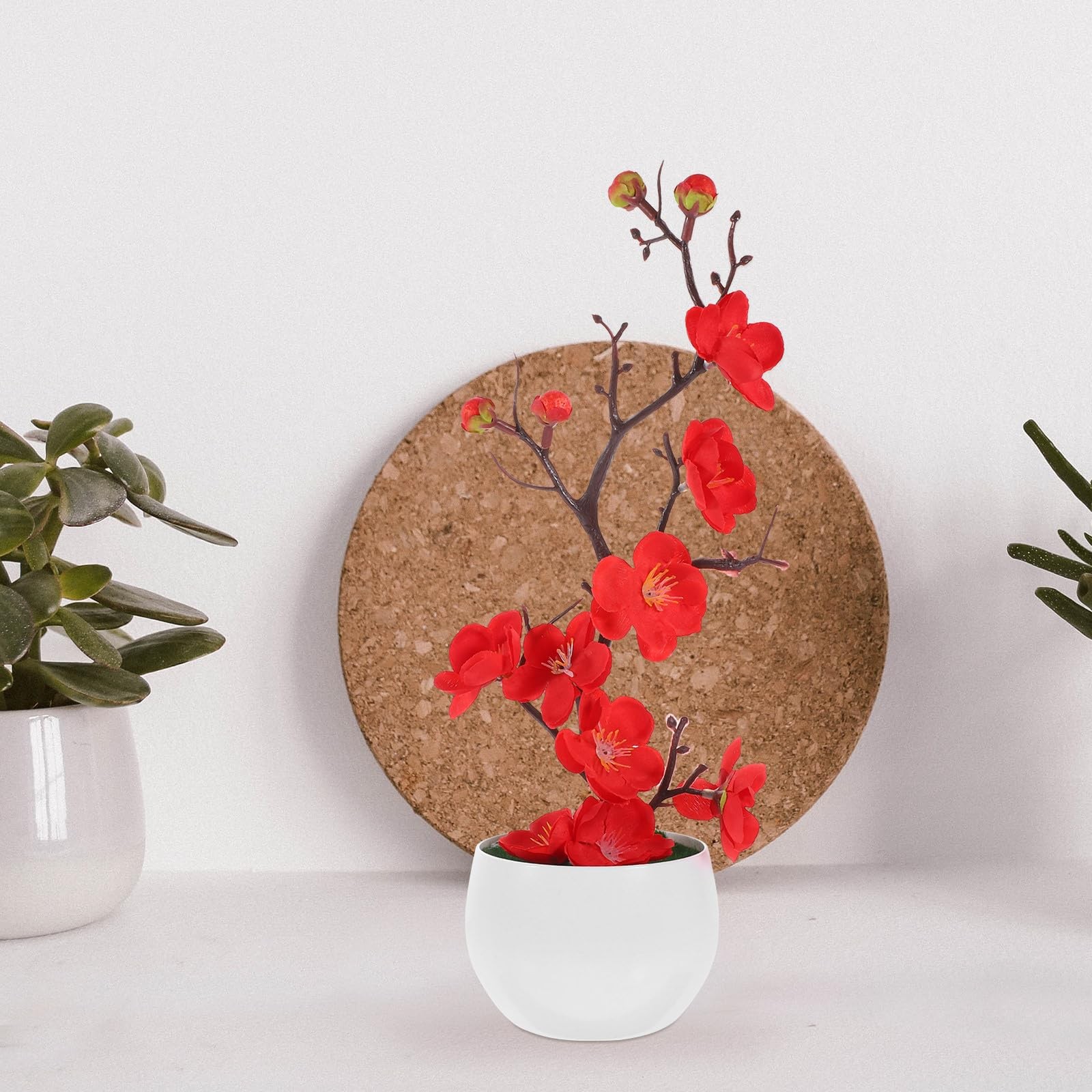 Artificial Plum Blossom Bonsai 11.81In Faux Potted Plant – Lifelike Red Bloom…