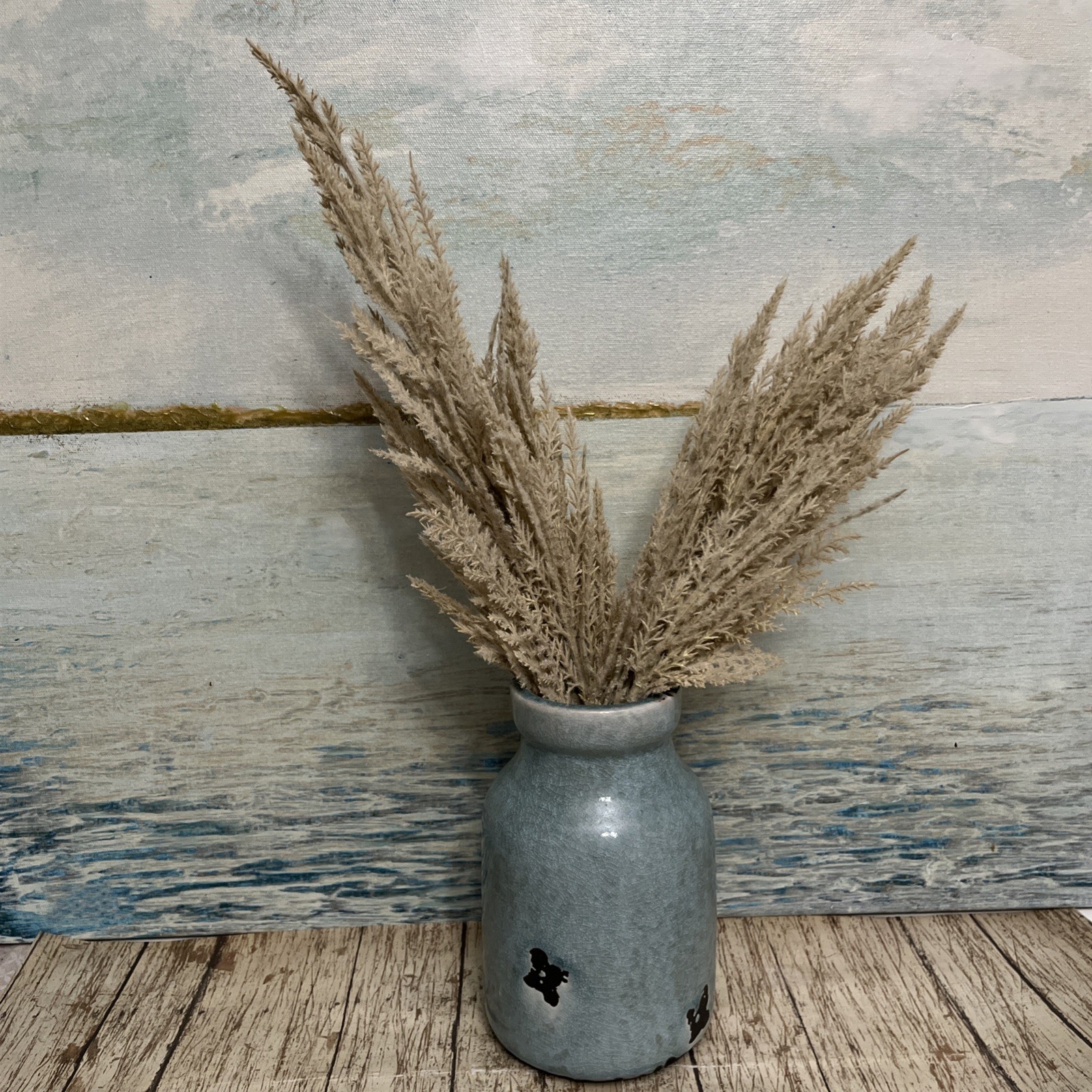 Blue Vase Distressed With Artificial Pampas Grass Arrangement Beige Coastal
