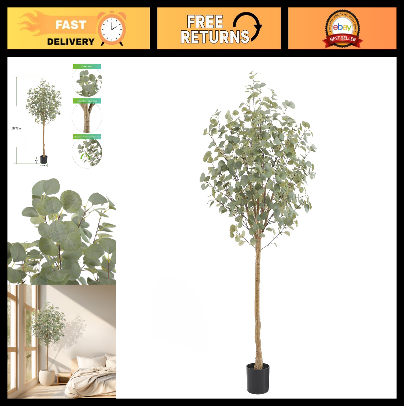 6ft Faux Eucalyptus Tree – Realistic Silk Leaves, Indoor/Outdoor Decor for Home