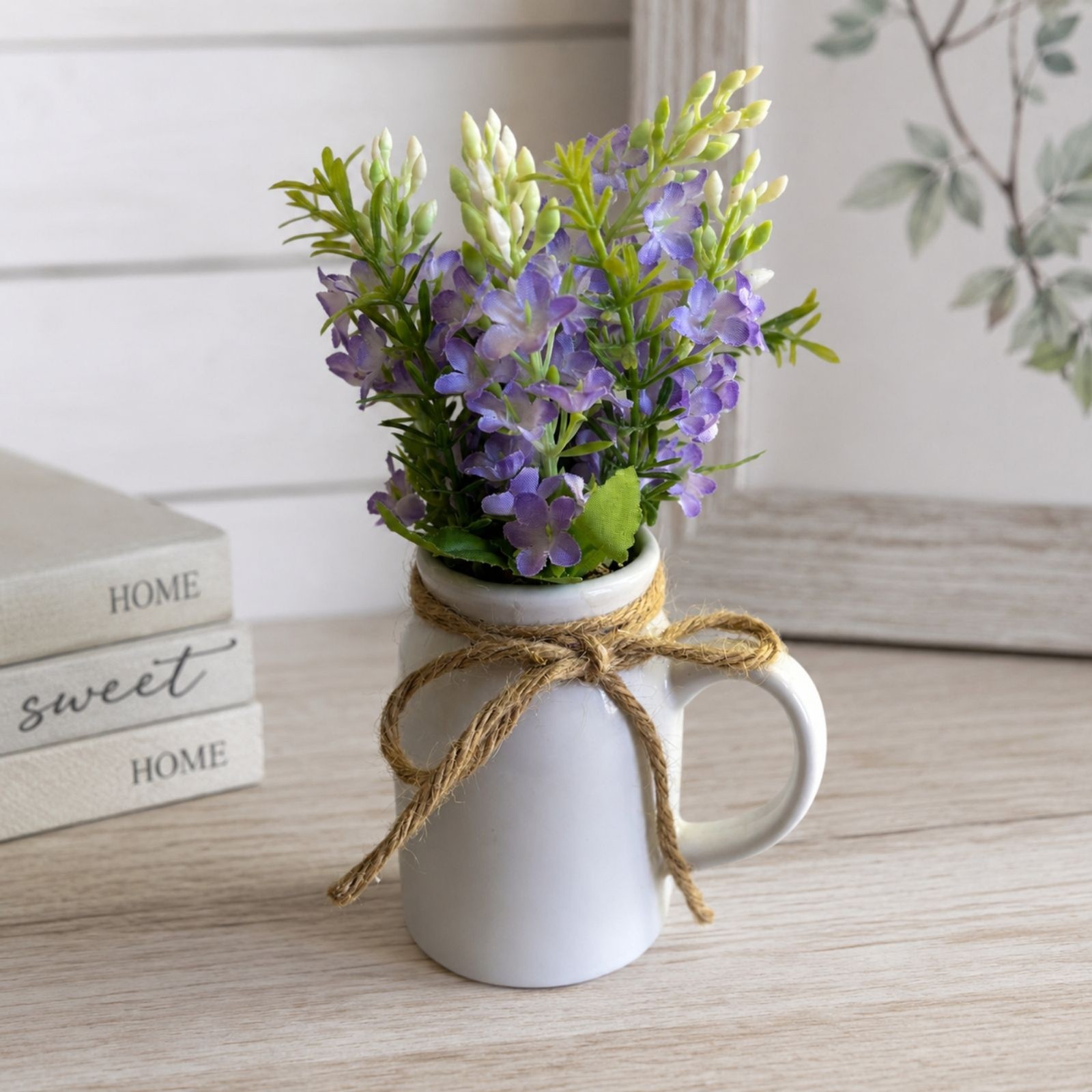 Real Living Lavender Floral Home Decor White Ceramic Mug Vase 8″ Faux Flowers