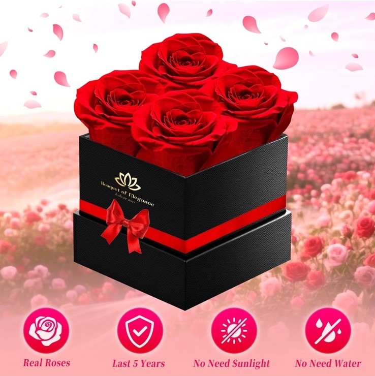 Preserved Red Rose Flower Box Arrangement & Centerpiece in Black Gift Box