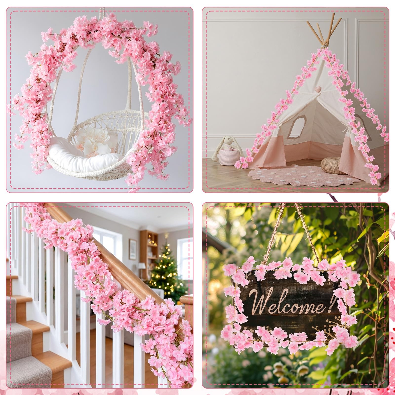 8 PCS 47.2ft Artificial Cherry Blossom Garland Pink Sakura Flower Vines Hangi…
