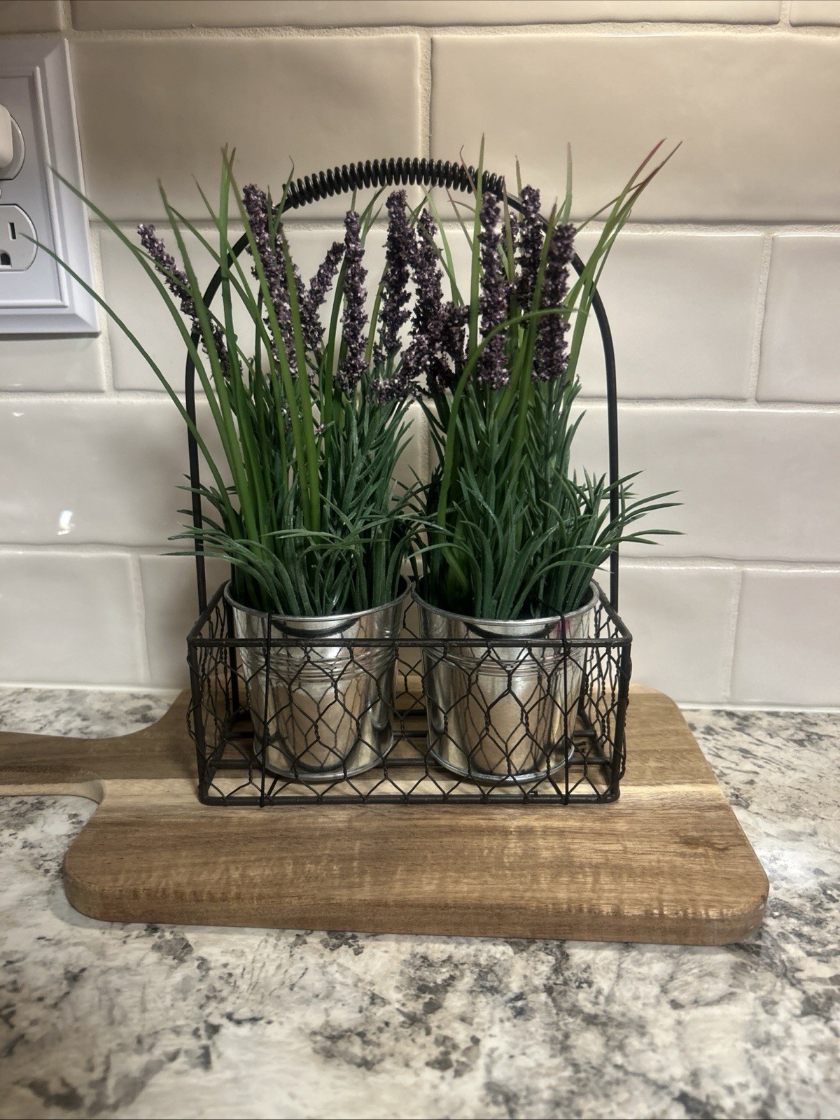 Faux Lavender & Greenery Arrangement, 2 Metal Pots in Black Wire Basket