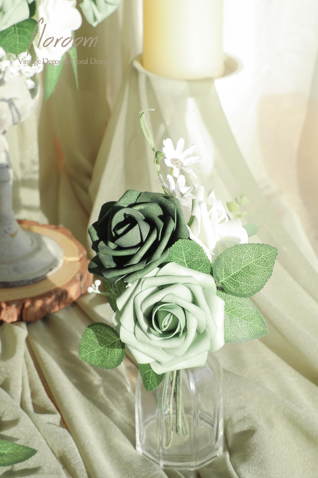 Artificial Flowers 25pcs Real Looking Sage Green & Emerald Green Foam Fake Ro…