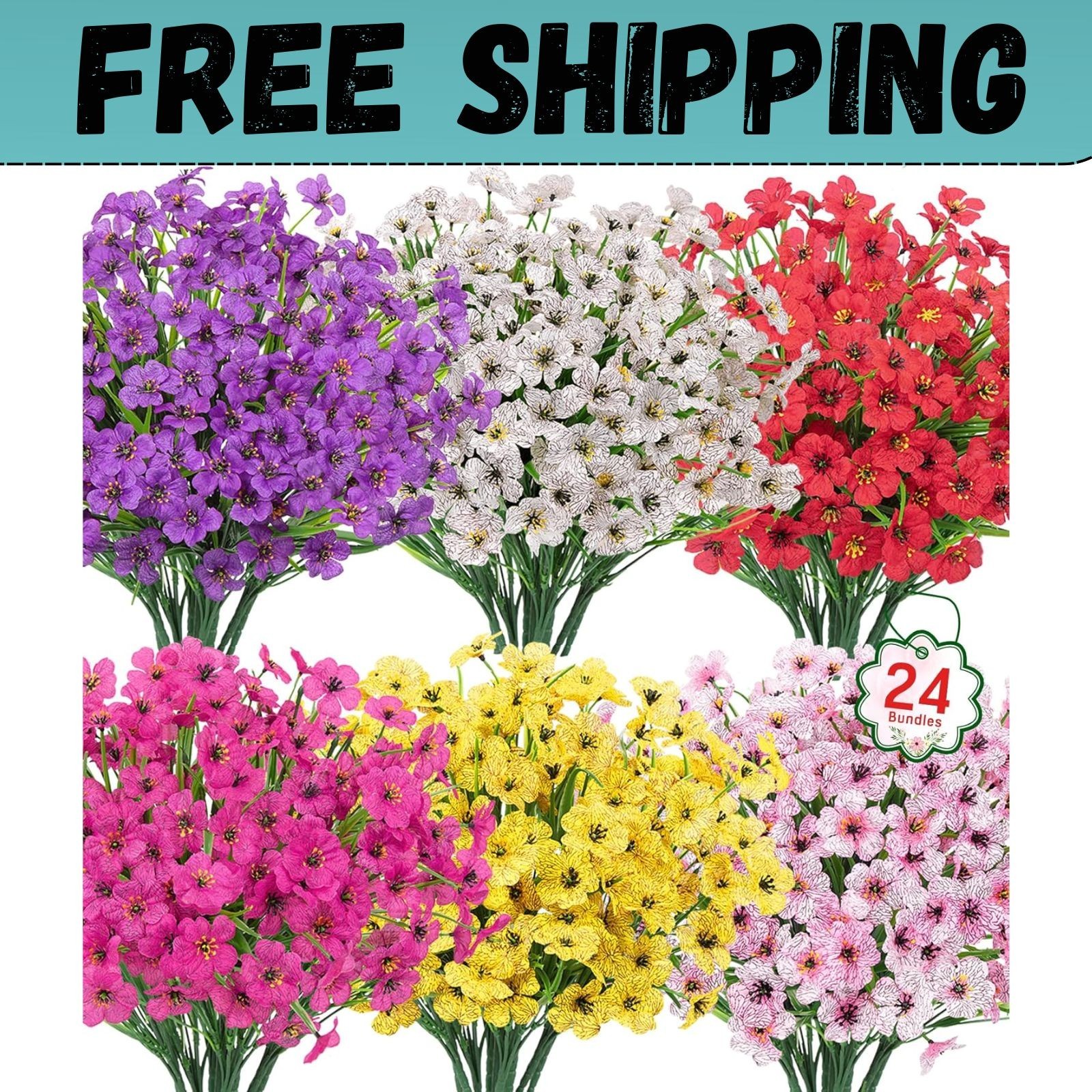 24 Bundles Artificial Flowers for Outdoors UV Resistant Silk Fake Faux Flowers